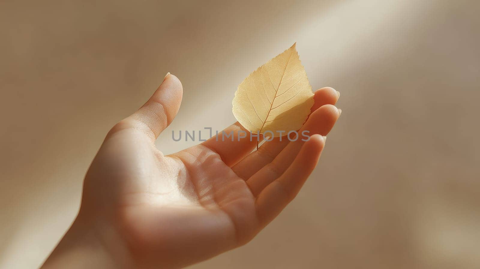 Hand holding a yellow leaf in soft sunlight, warm and serene moment. Nature and tranquility concept.