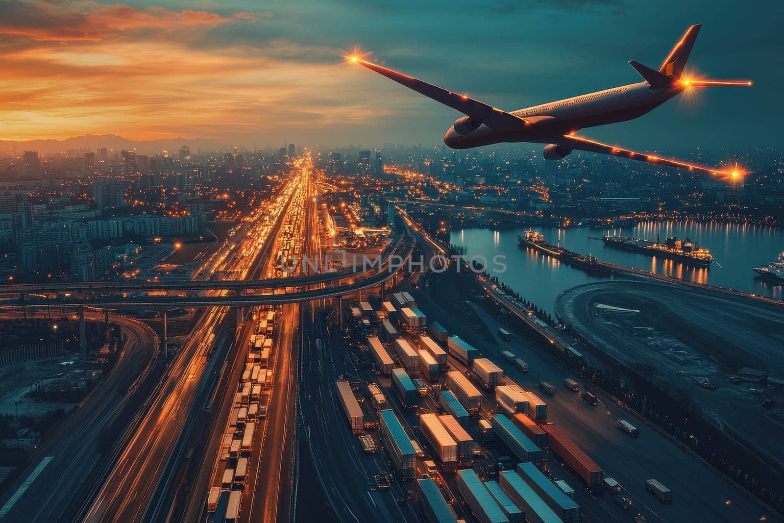 Stunning aerial perspective of an airplane soaring above a bustling city at dusk, with traffic on a busy highway and shipping containers along the waterfront, illustrating modern logistics.
