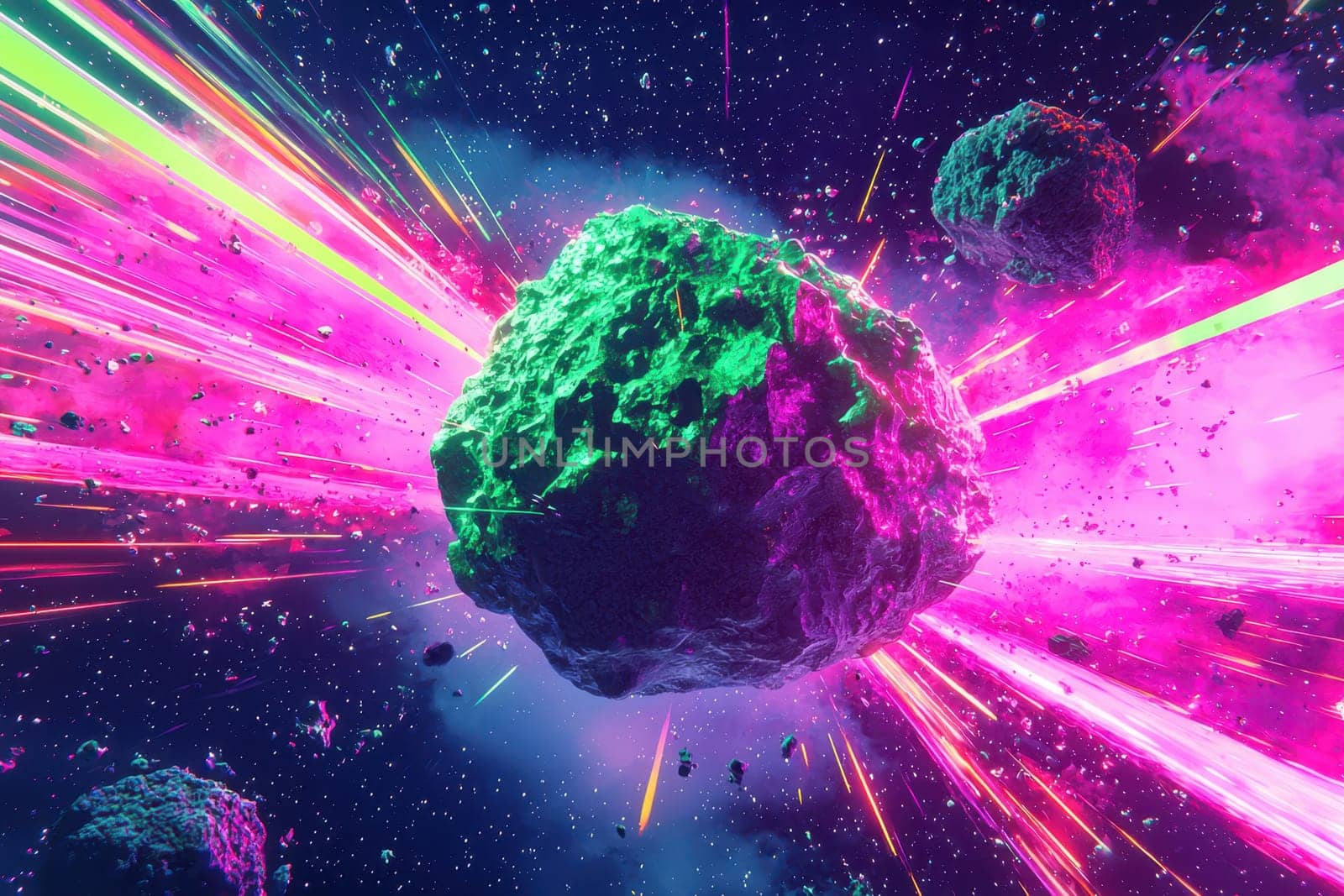 A stunning futuristic depiction of a large asteroid surrounded by vibrant energy flows, showcasing a dynamic cosmic scene filled with colorful visuals and explosive elements.