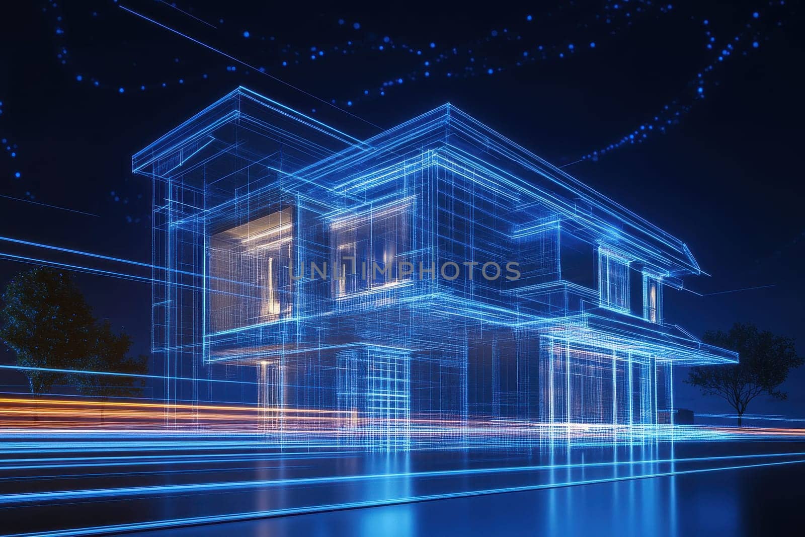 Stunning digital wireframe architecture design showcasing a modern house at night with glowing edges and light trails, representing innovation in real estate and construction.