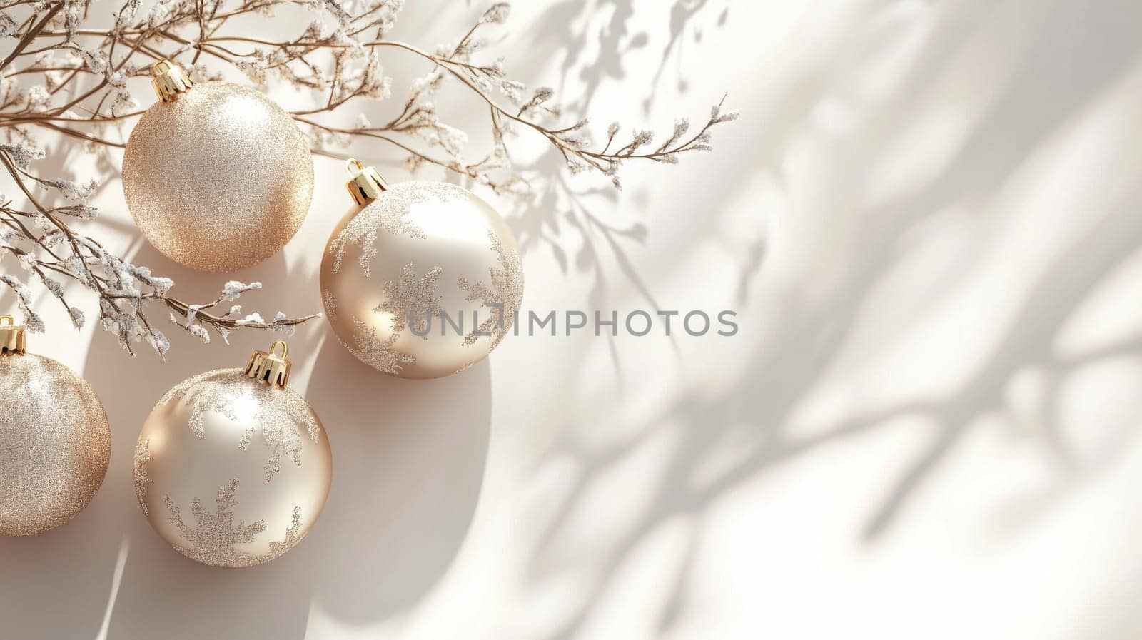 Christmas ornaments with delicate branches casting shadows, festive holiday decoration concept.