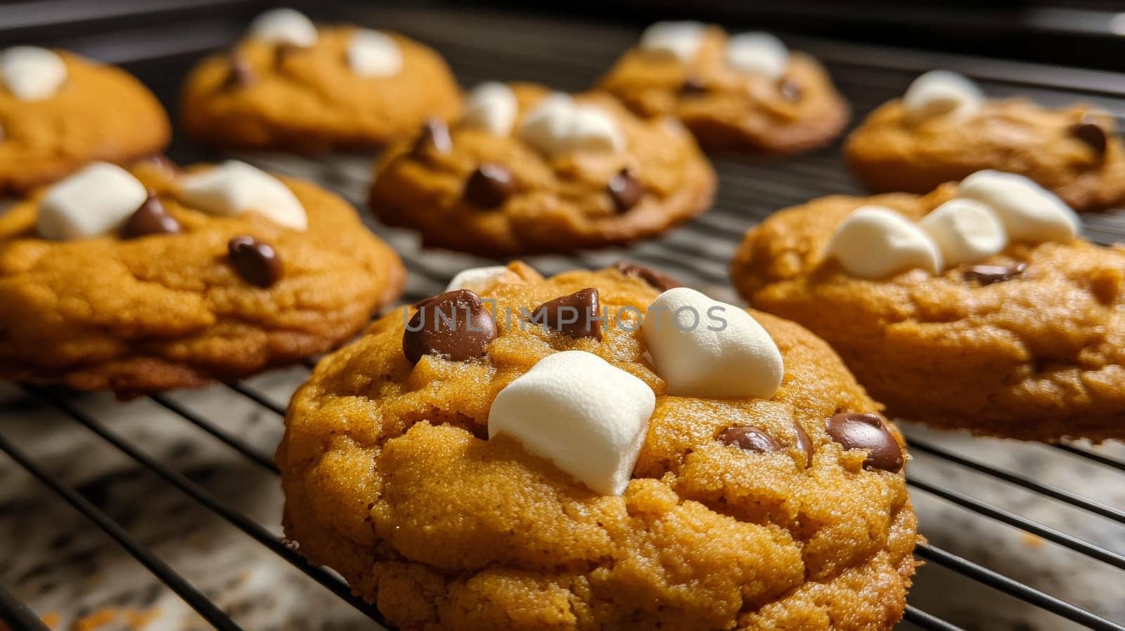 Freshly baked cookies with chocolate chips and marshmallows on a cooling rack, homemade dessert concept.