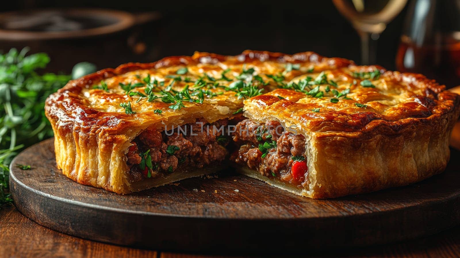 Savory meat pie with herbs and vegetables on wooden board.