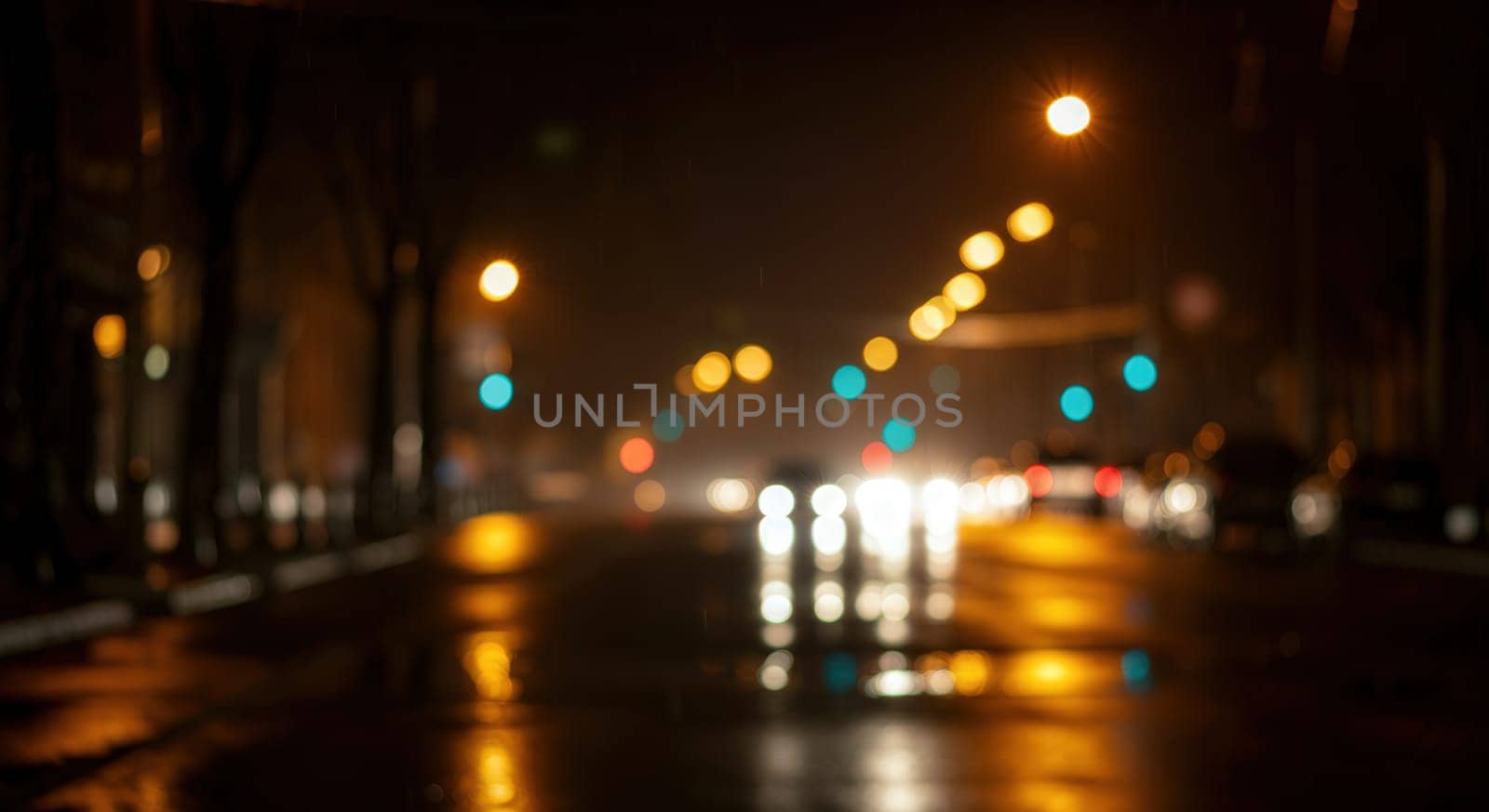 Urban city street at night with blurred headlights and streetlights creating a bokeh effect. the warm glow of the lights contrasts with the dark surroundings, road safety and the ambiance of night traffic.