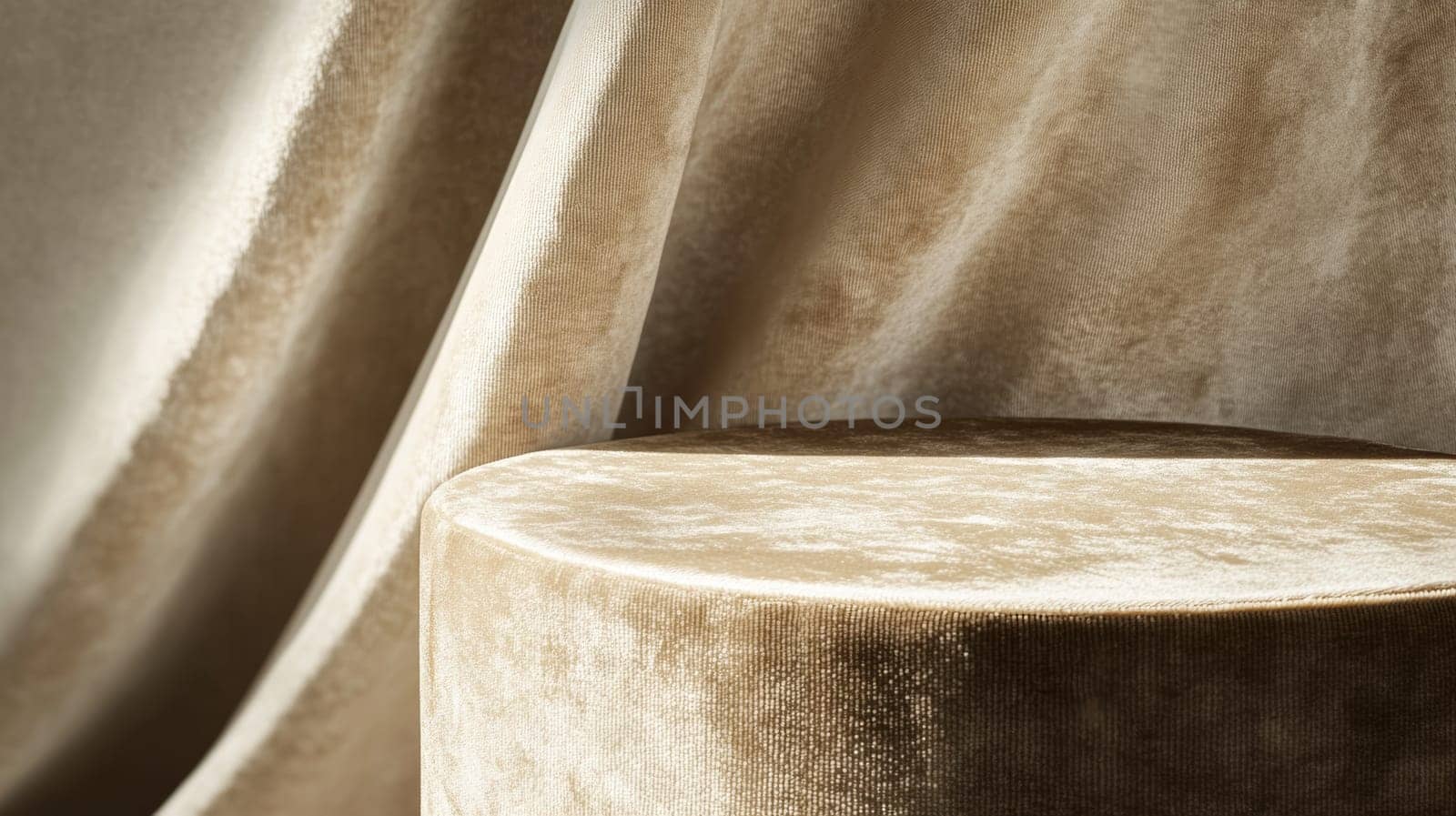 Beige velvet fabric and cylindrical podium, luxurious texture display.