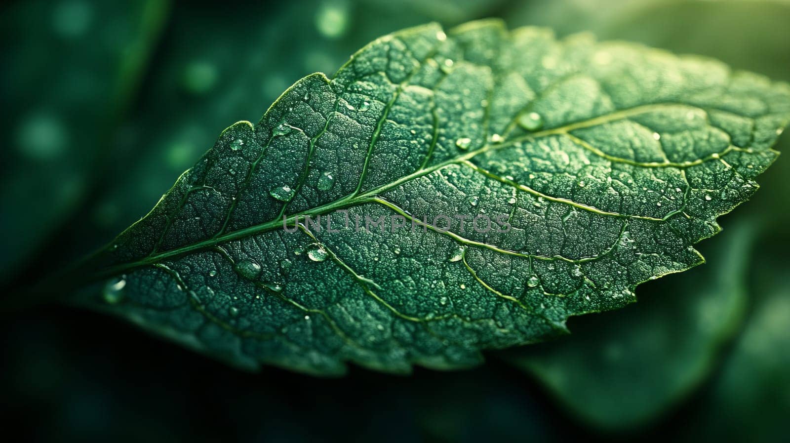 Close-up of green leaf with water droplets, nature detail. Botanical freshness and tranquility concept.