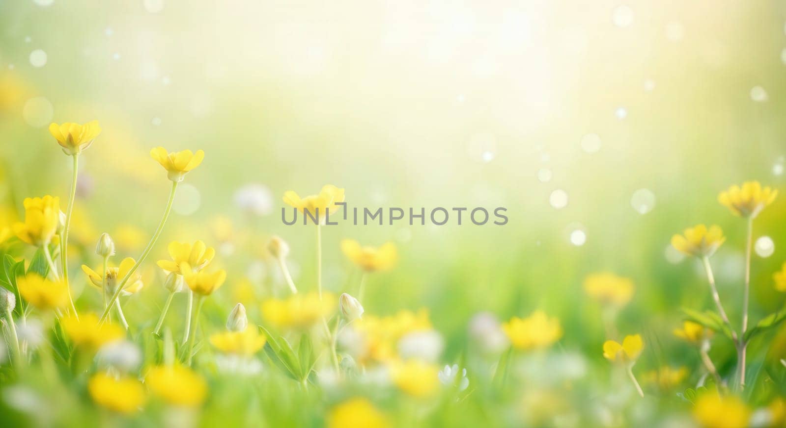 Sunlit yellow wildflowers bloom across a lush meadow, creating a peaceful atmosphere. soft-focus background and gentle bokeh enhance the tranquility and beauty of the spring scene.