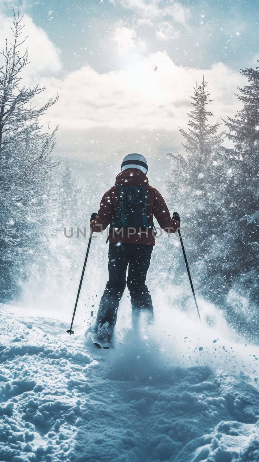 Skier in snowy forest landscape, adventure concept.