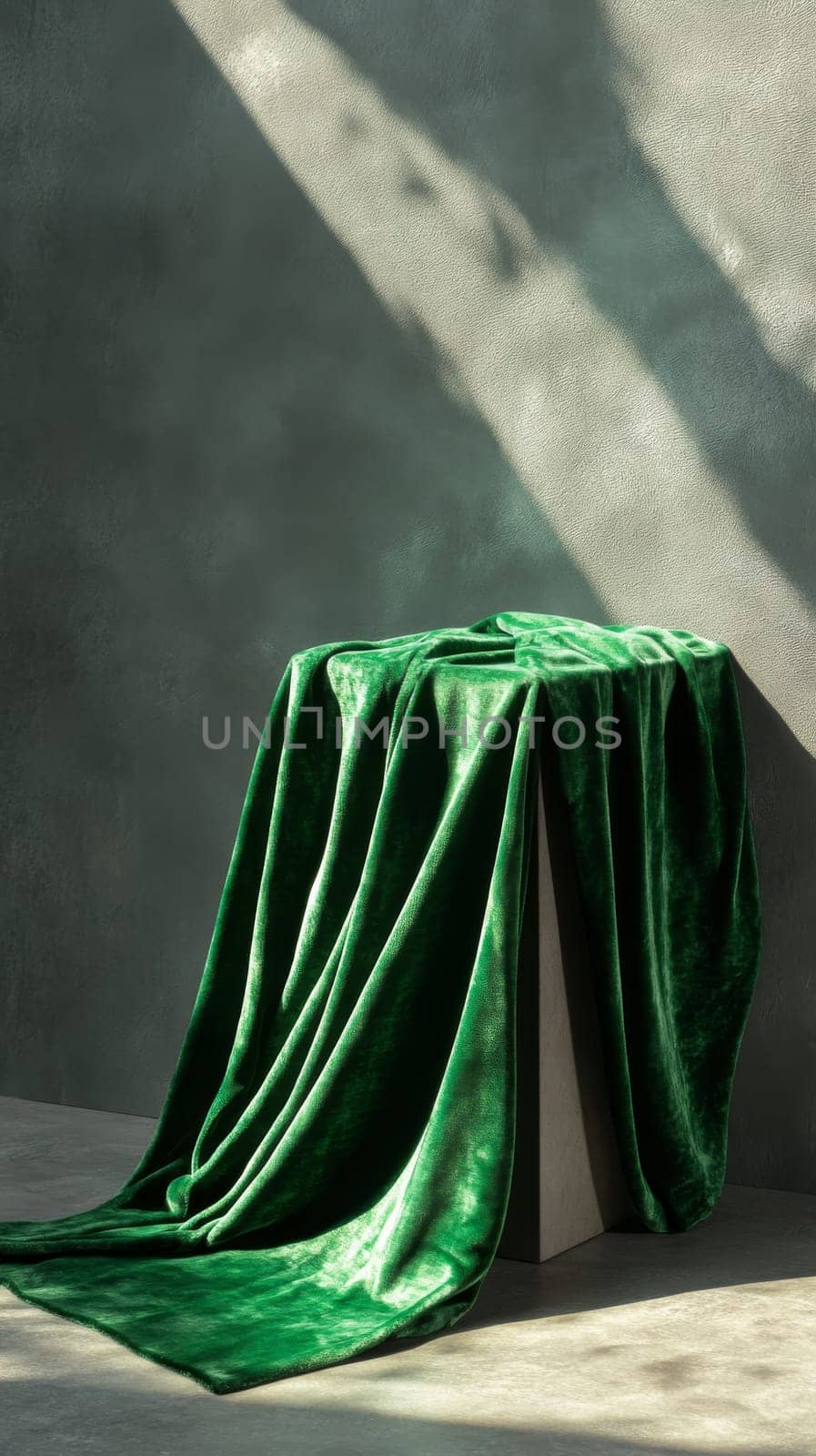 Emerald velvet fabric draped over cube podium in sunlight, artistic textile concept.