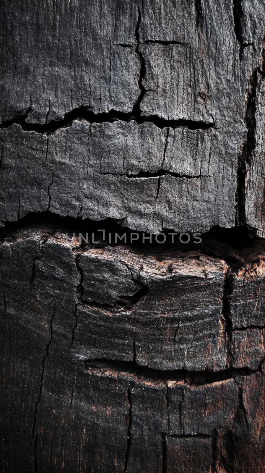 Charred wooden texture with cracks creating abstract patterns in nature, close-up view. rustic design and natural decay concept.