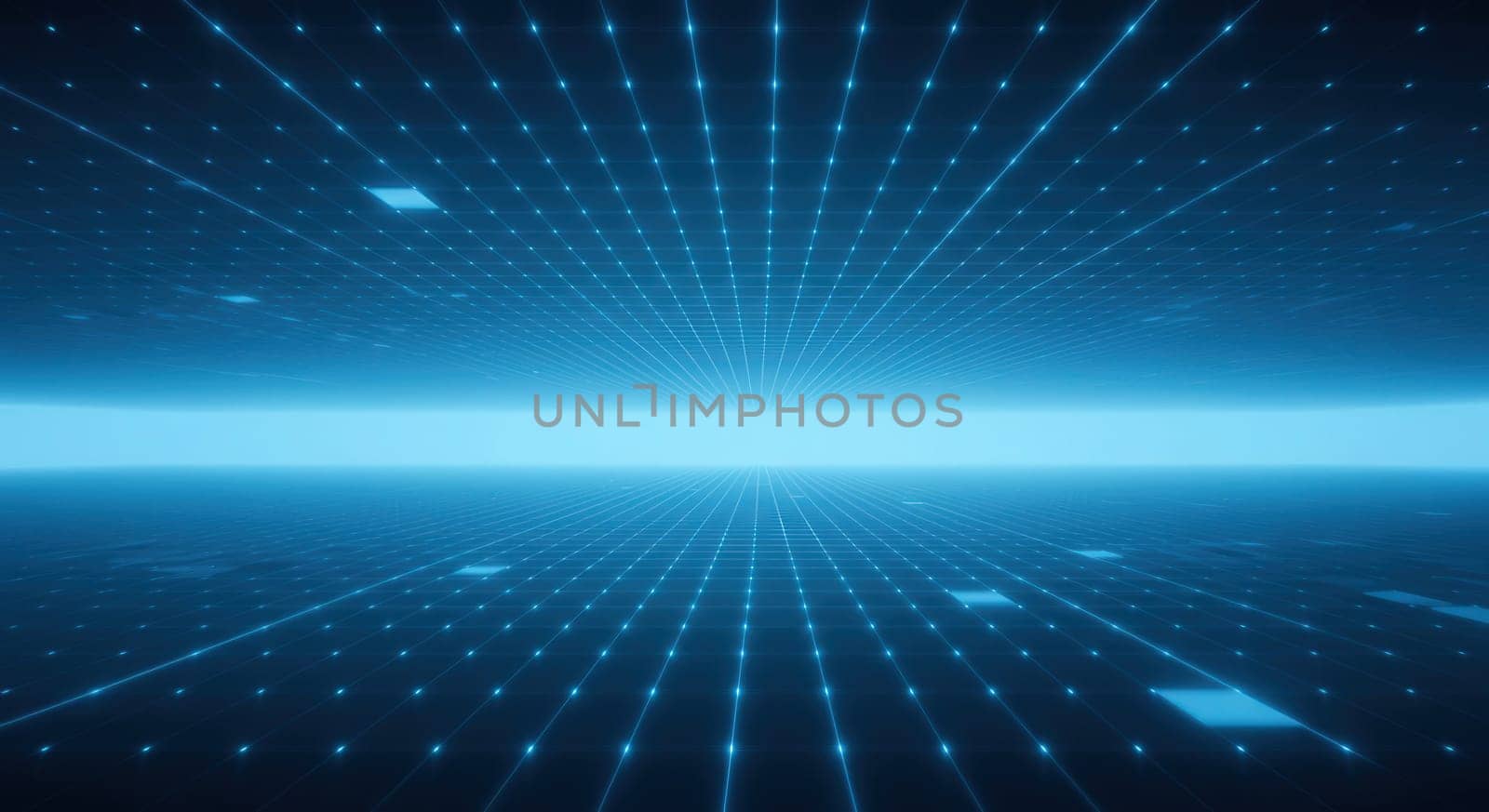 Futuristic digital grid with neon blue lights creates a tech-inspired background. the glowing lines and geometric shapes form a vast, immersive digital landscape. ideal for technology-related design projects or presentations.