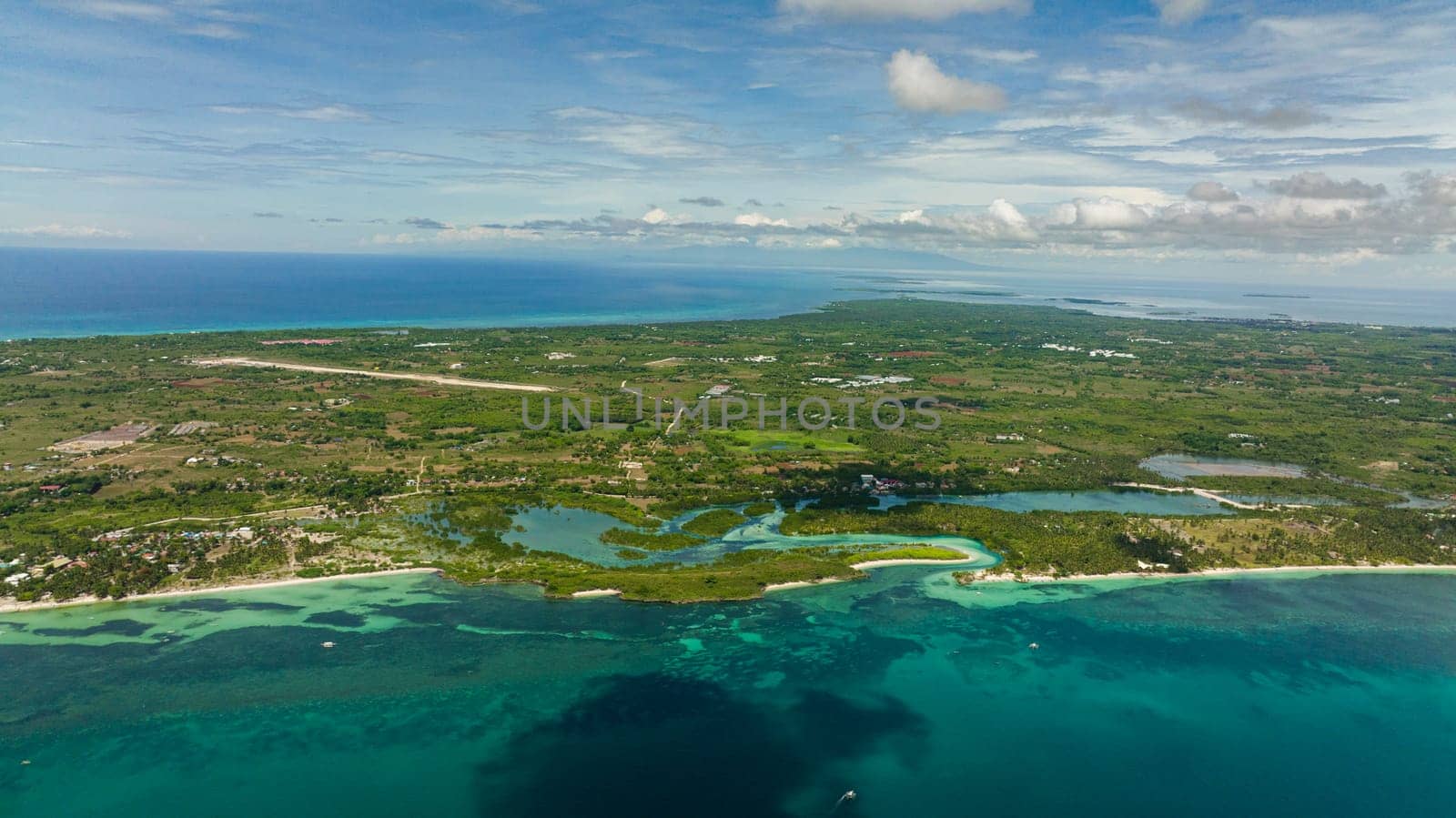 Aerial view of tropical island and beach in the sea. Bantayan island, Philippines.
