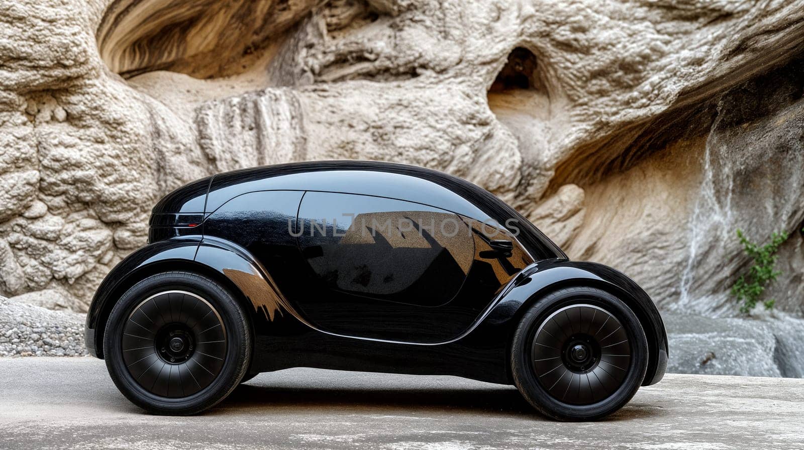 An elegant black electric car is stationary next to a striking natural rock formation adorned with greenery, creating a serene atmosphere during golden hour - Generative AI