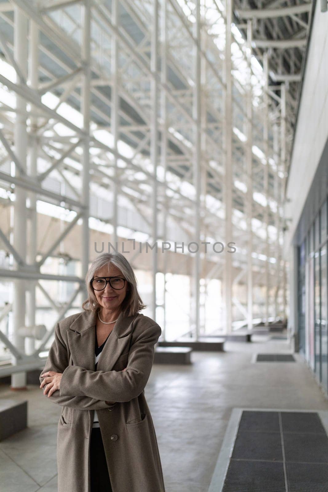 An elderly businesswoman exudes confidence as she stands in a bright, contemporary office space filled with natural light. Her presence highlights her experience.