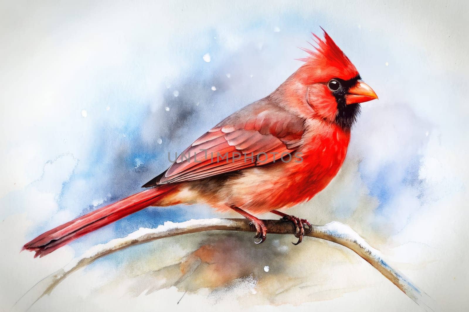 A bright red cardinal sits elegantly on a delicate branch, surrounded by a gentle snowfall that creates a serene winter atmosphere. Its striking feathers contrast beautifully with the soft, muted background, capturing the essence of nature's beauty during the cold season.