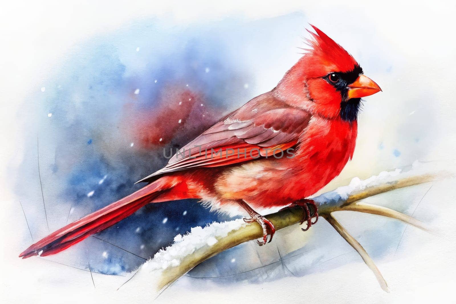 A bright red cardinal sits elegantly on a delicate branch, surrounded by a gentle snowfall that creates a serene winter atmosphere. Its striking feathers contrast beautifully with the soft, muted background, capturing the essence of nature's beauty during the cold season.