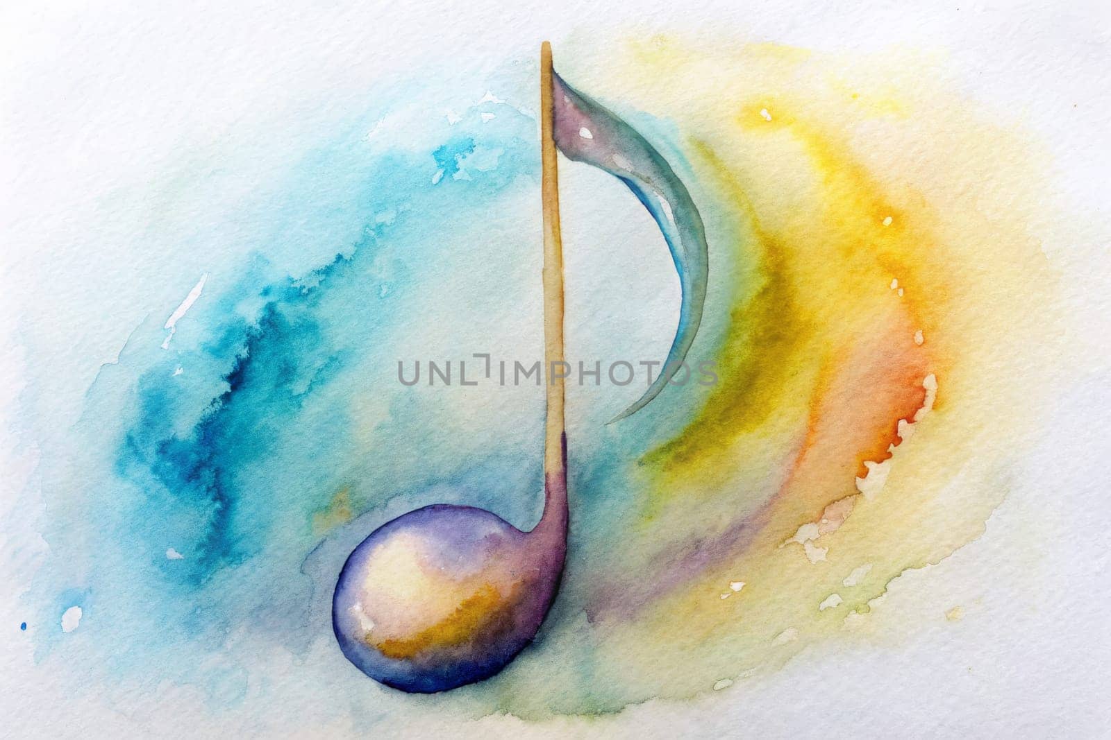 A beautiful musical note emerges from a soft, watercolor backdrop filled with swirling shades of blue and purple. The artistic blending of colors creates a serene and whimsical atmosphere, inviting viewers to feel the rhythm and harmony that music brings to life.