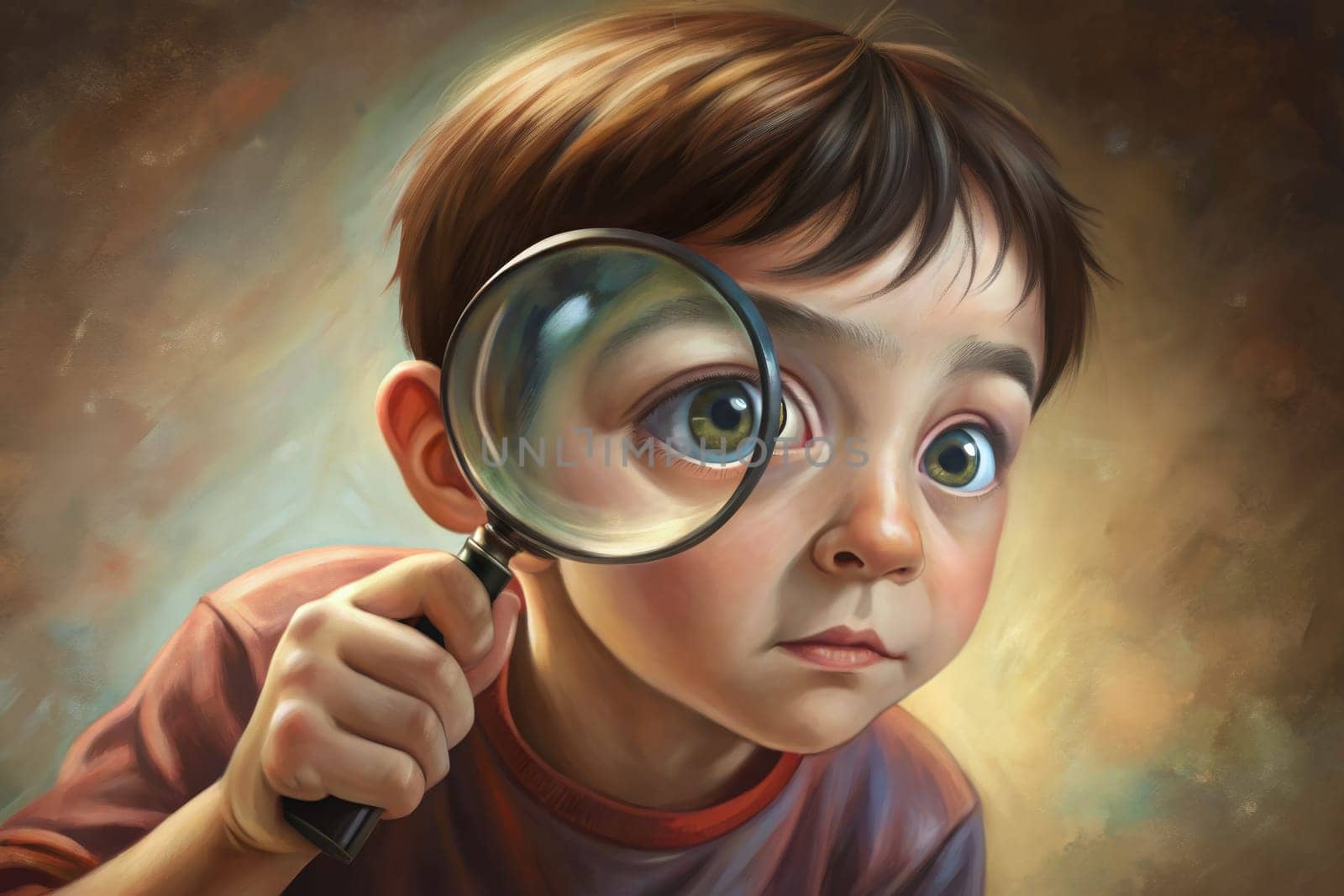 A curious young boy captivates the viewer with his bright, expressive eyes as he holds a magnifying glass. He stands amidst a whimsical forest illuminated by ethereal lights, creating a magical atmosphere at twilight. The child's wonder and exploration evoke a sense of adventure and mystery in this enchanting setting.