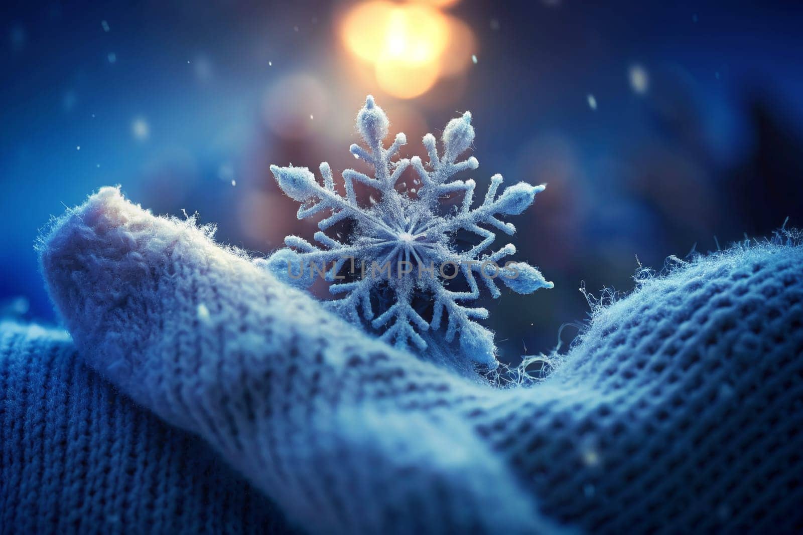 A beautifully intricate snowflake rests gently atop a cozy knit surface, illuminated by ethereal lights shimmering all around. The quiet beauty of winter is captured in this moment, where nature meets comfort. Tiny flakes drift softly in the air, creating a serene atmosphere, as the crisp chill of the season envelops everything within reach.