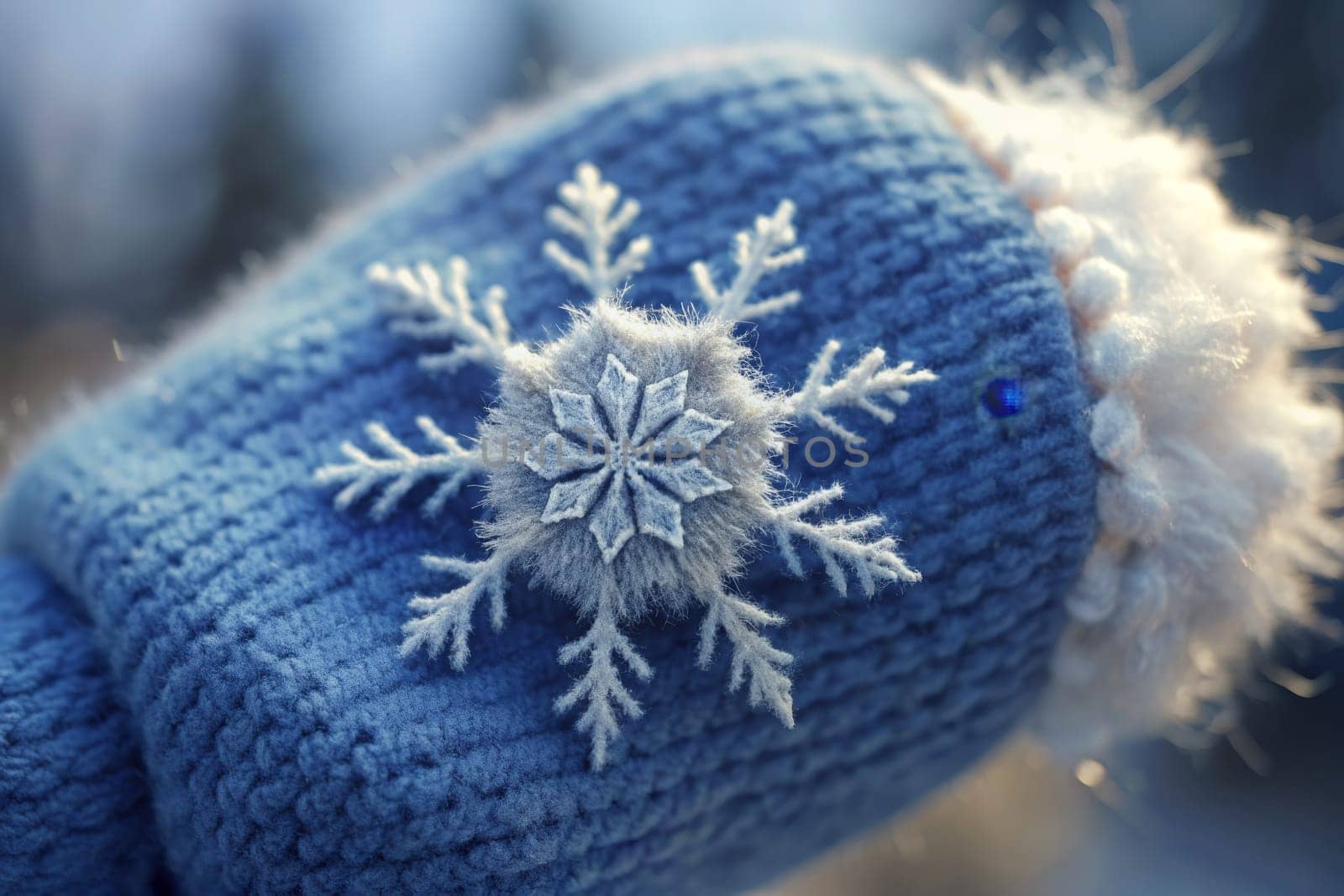 The soft blue mitten, adorned with an intricate snowflake design, stands out against a frosty backdrop. The gentle texture and warmth of the fabric contrast beautifully with the cold winter atmosphere, evoking a sense of comfort and seasonal charm as the snowflakes drift lazily from above.