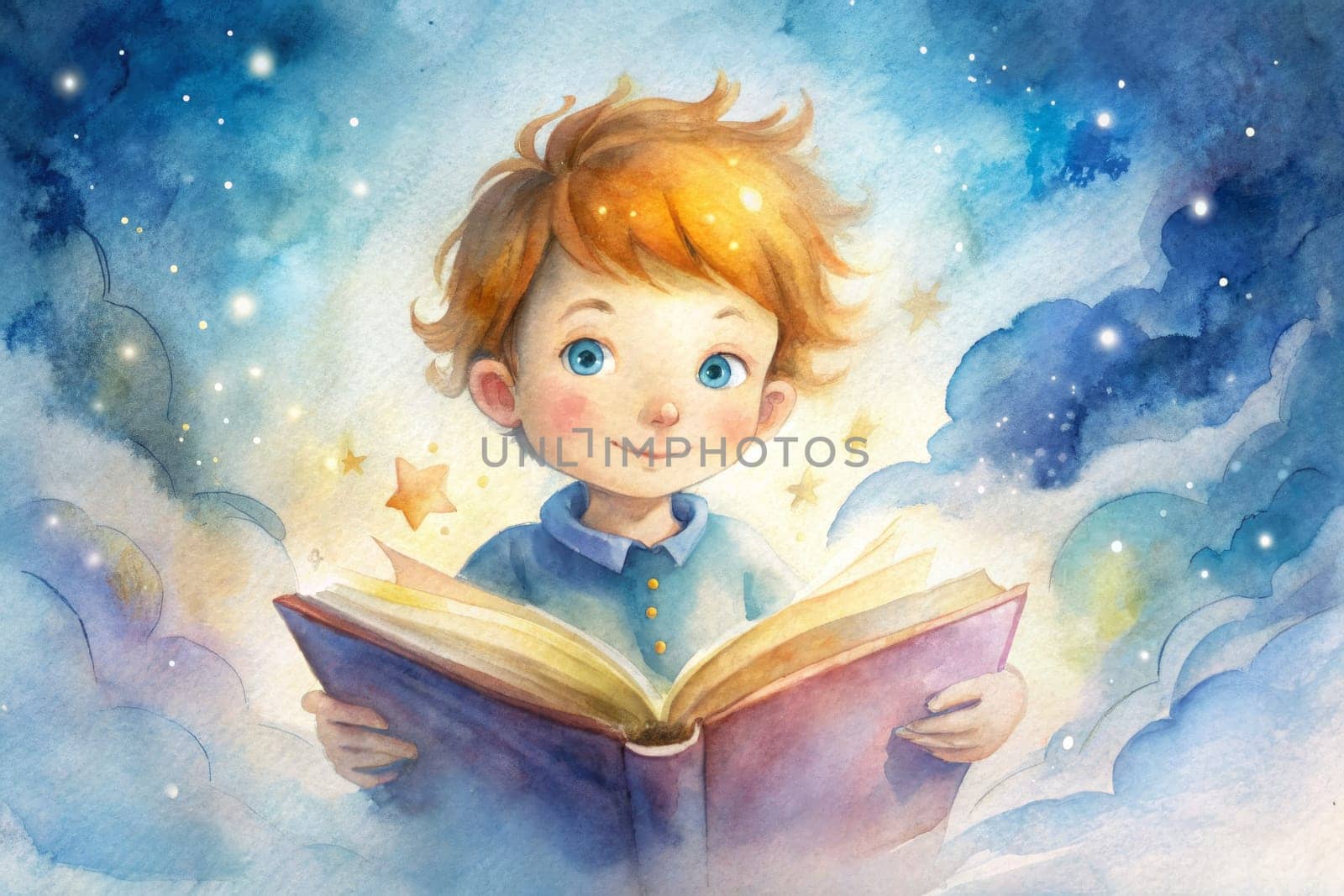 A curious young boy sits amidst soft clouds, engrossed in a large book that radiates a warm, magical glow. His bright blue eyes sparkle with wonder as he discovers fantastical stories filled with stars and imagination, creating a serene moment of exploration and joy.