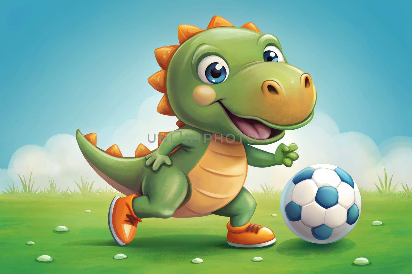 A cheerful cartoon dinosaur with vibrant green scales runs energetically across a lush green field, skillfully kicking a soccer ball. Its expressive eyes reflect excitement as a clear blue sky overhead enhances the lively atmosphere of playfulness and adventure.