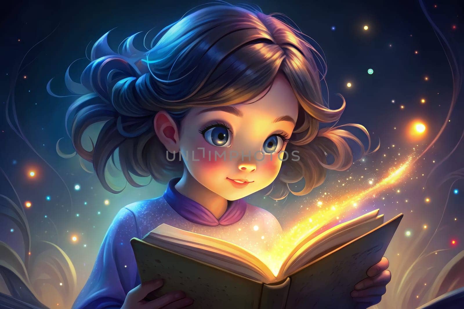 In a captivating twilight setting, a young girl sits absorbed in the pages of a magical book, her expression glowing with wonder. Surrounding her are twinkling lights and ethereal wisps that dance in the air, creating a dreamlike atmosphere. The foliage gently frames her, emphasizing the enchantment of the moment.