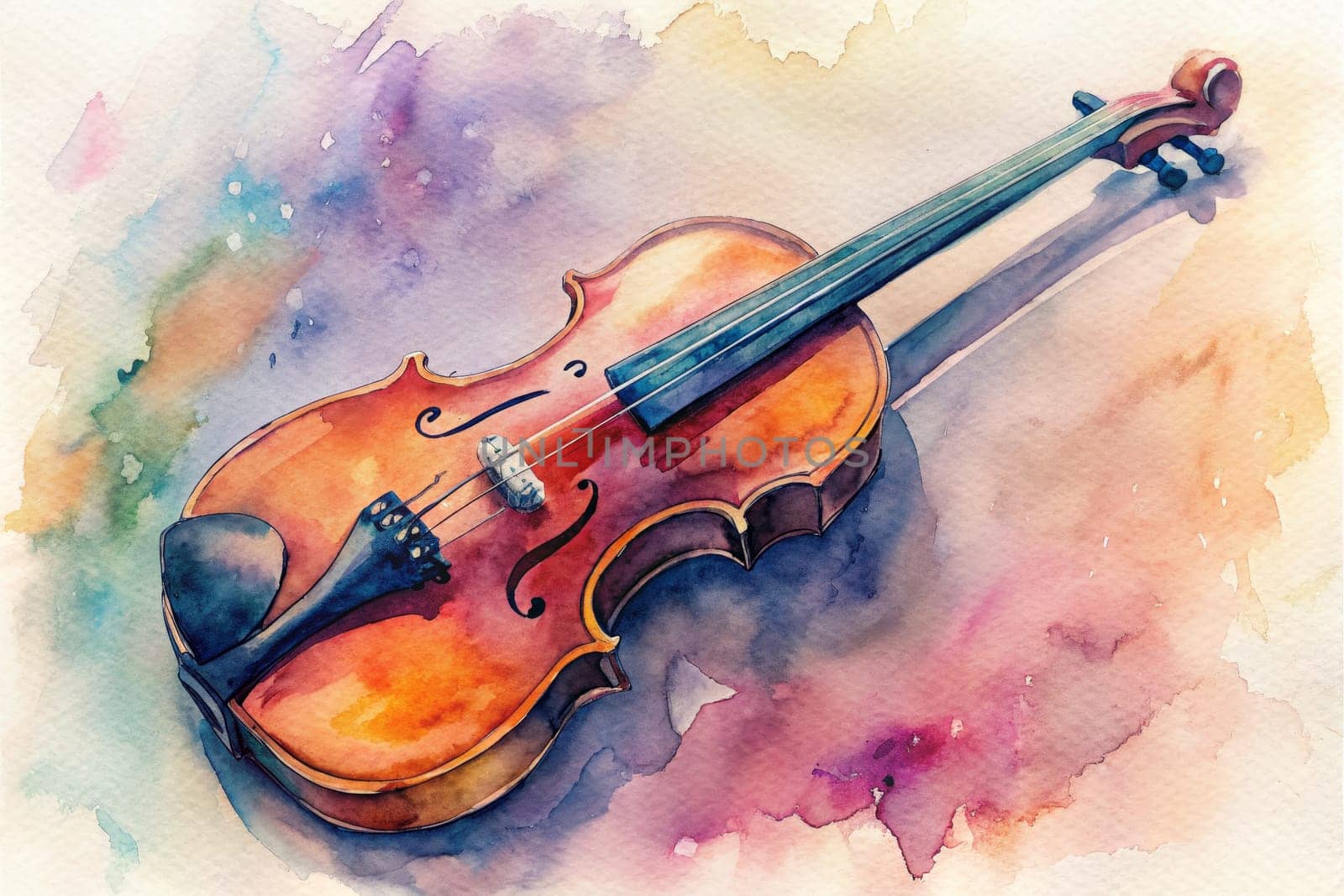 A beautifully crafted wooden violin rests gracefully on a textured surface, enveloped in delicate, flowing watercolor hues that enhance its elegance. The soft colors blend harmoniously around the instrument, highlighting the craftsmanship and rich tones of the wood.