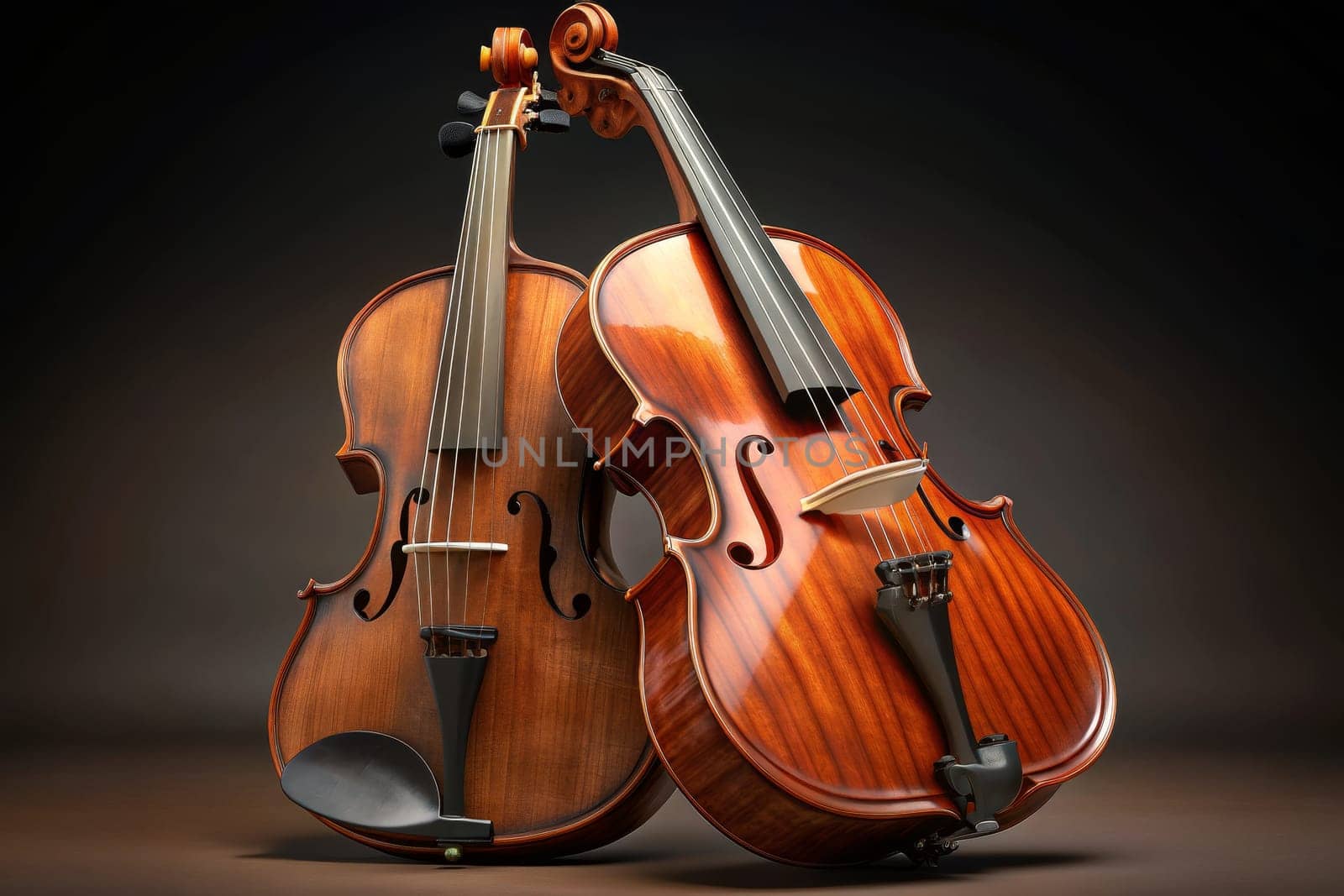 Two beautifully crafted violins rest side by side, their polished wood gleaming softly under the warm glow of ambient light, inviting admiration and exploration.
