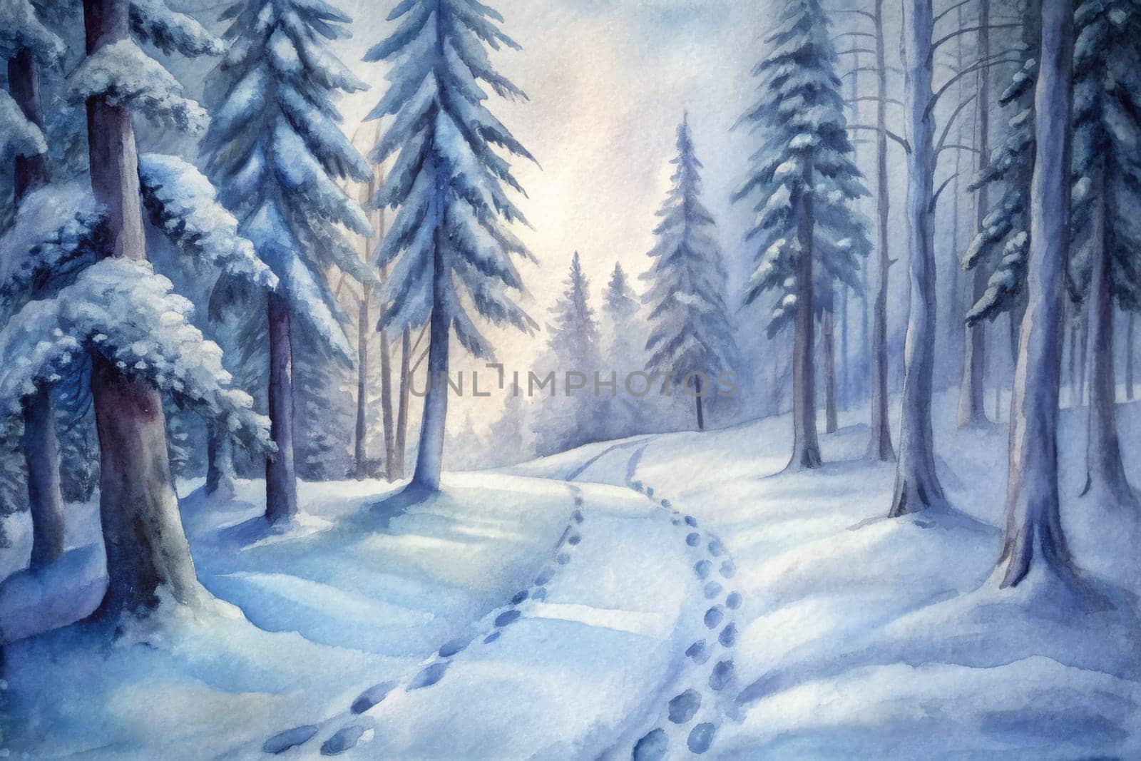 A tranquil winter landscape unfolds with tall, snow-laden pine trees standing majestically under a soft blue sky. A winding path, marked by footprints, invites exploration through the serene, untouched snow. Positioned in the early morning, the scene captures the peaceful magic of winter's embrace.