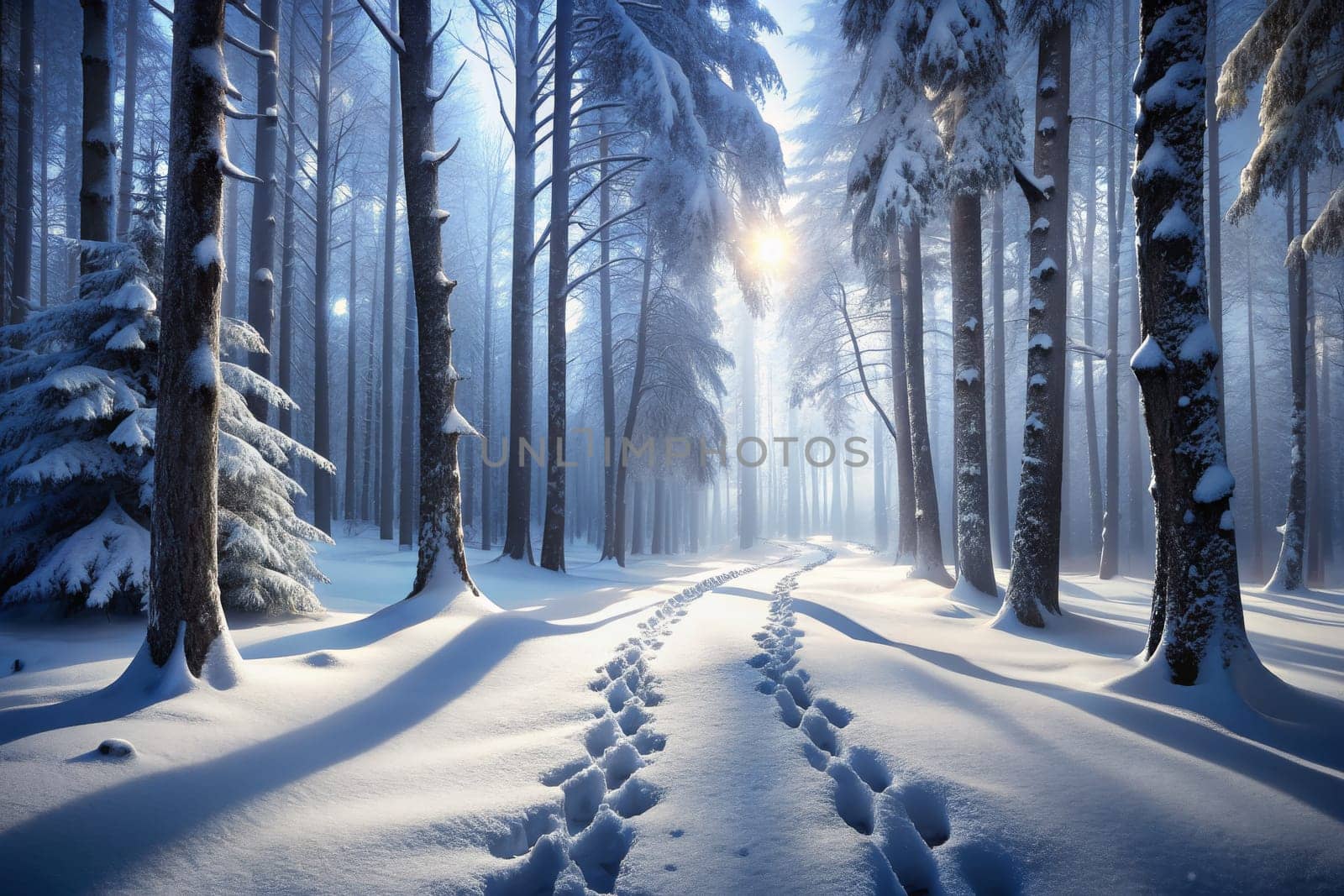 As dawn breaks, a soft golden light captures a tranquil winter landscape, where fresh snow blankets the ground. Footprints weave through the serene woods, surrounded by tall, frosted evergreen trees. Snowflakes gently fall, creating a magical atmosphere as the day begins.