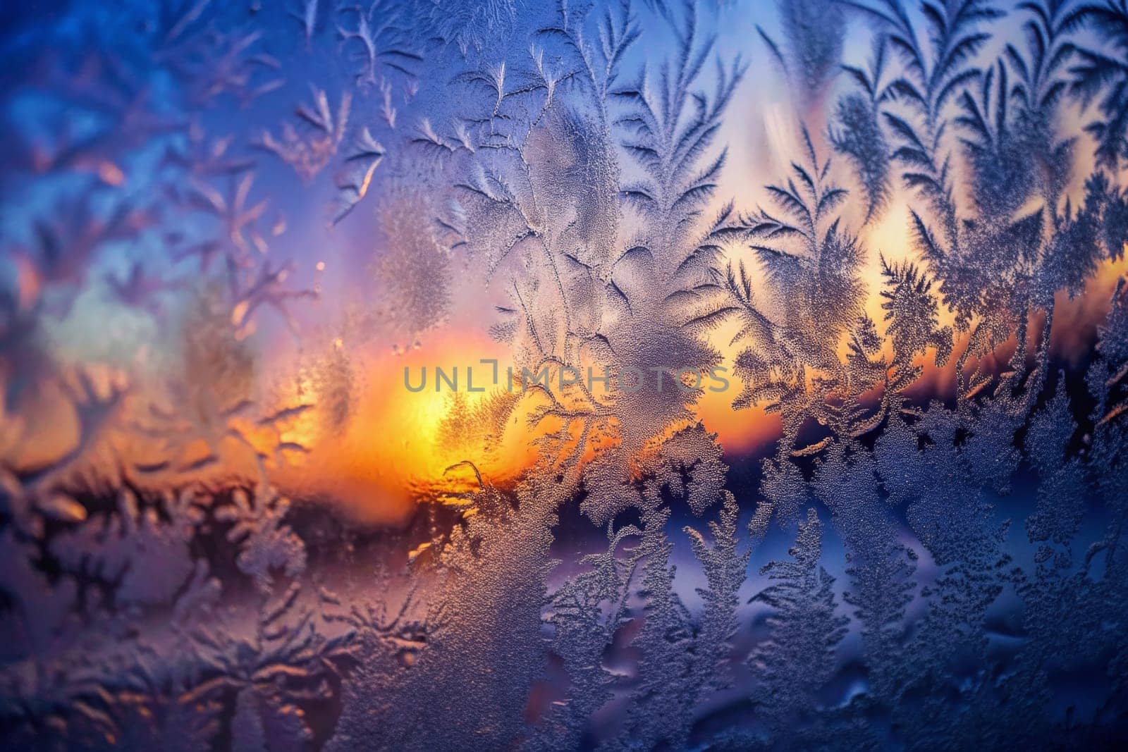 Delicate ice crystals form intricate patterns on the glass, beautifully framing a breathtaking sunrise. The warm hues of orange and yellow contrast strikingly against the cold, creating a stunning tapestry of nature's stunning beauty in the early morning hours.