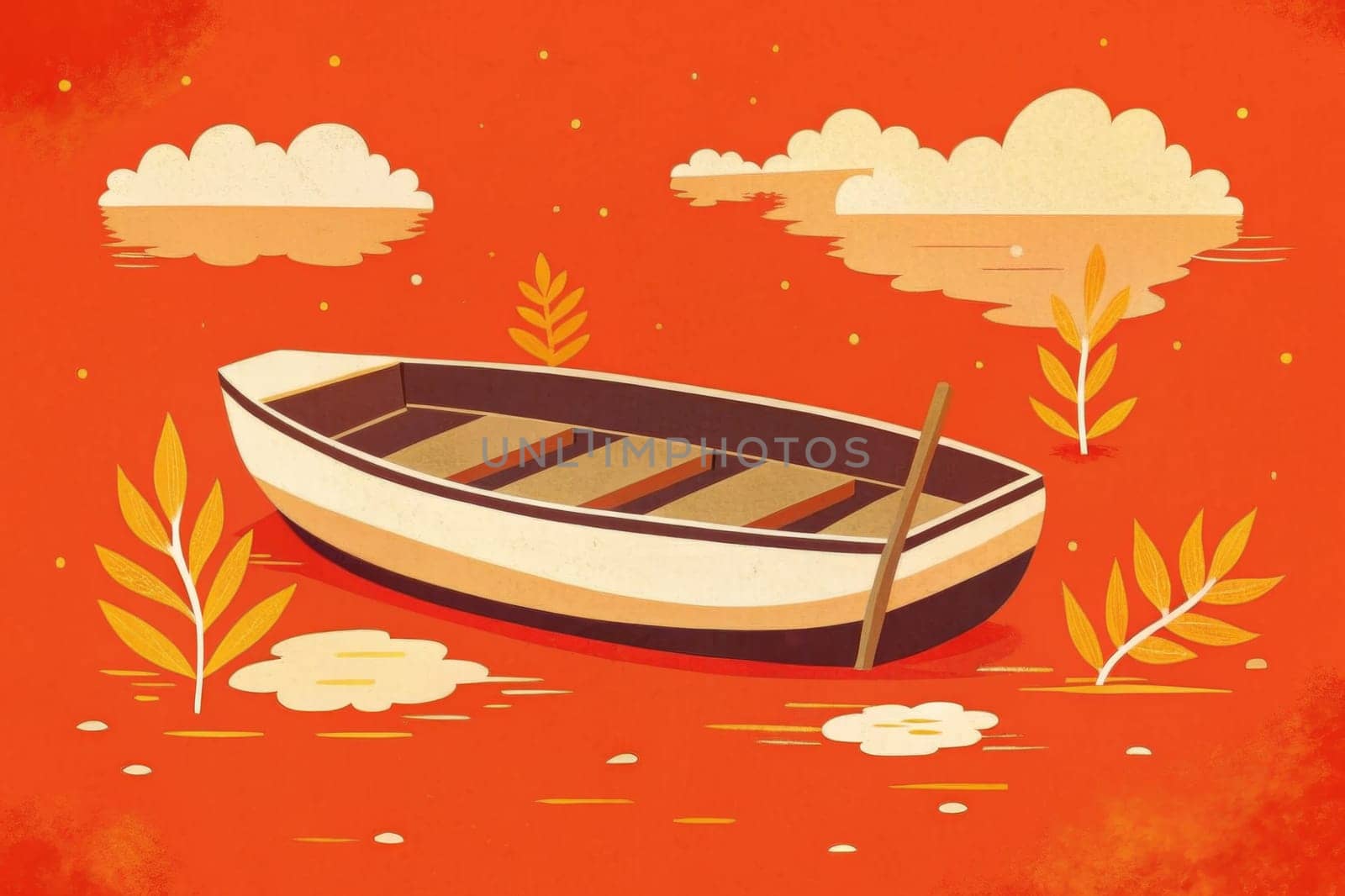 A rustic rowboat floats peacefully on a quiet lake during a serene autumn afternoon. The water reflects the warm hues of the surrounding landscape, while vibrant reeds sway gently in the breeze. Soft clouds drift overhead, adding to the tranquil atmosphere.