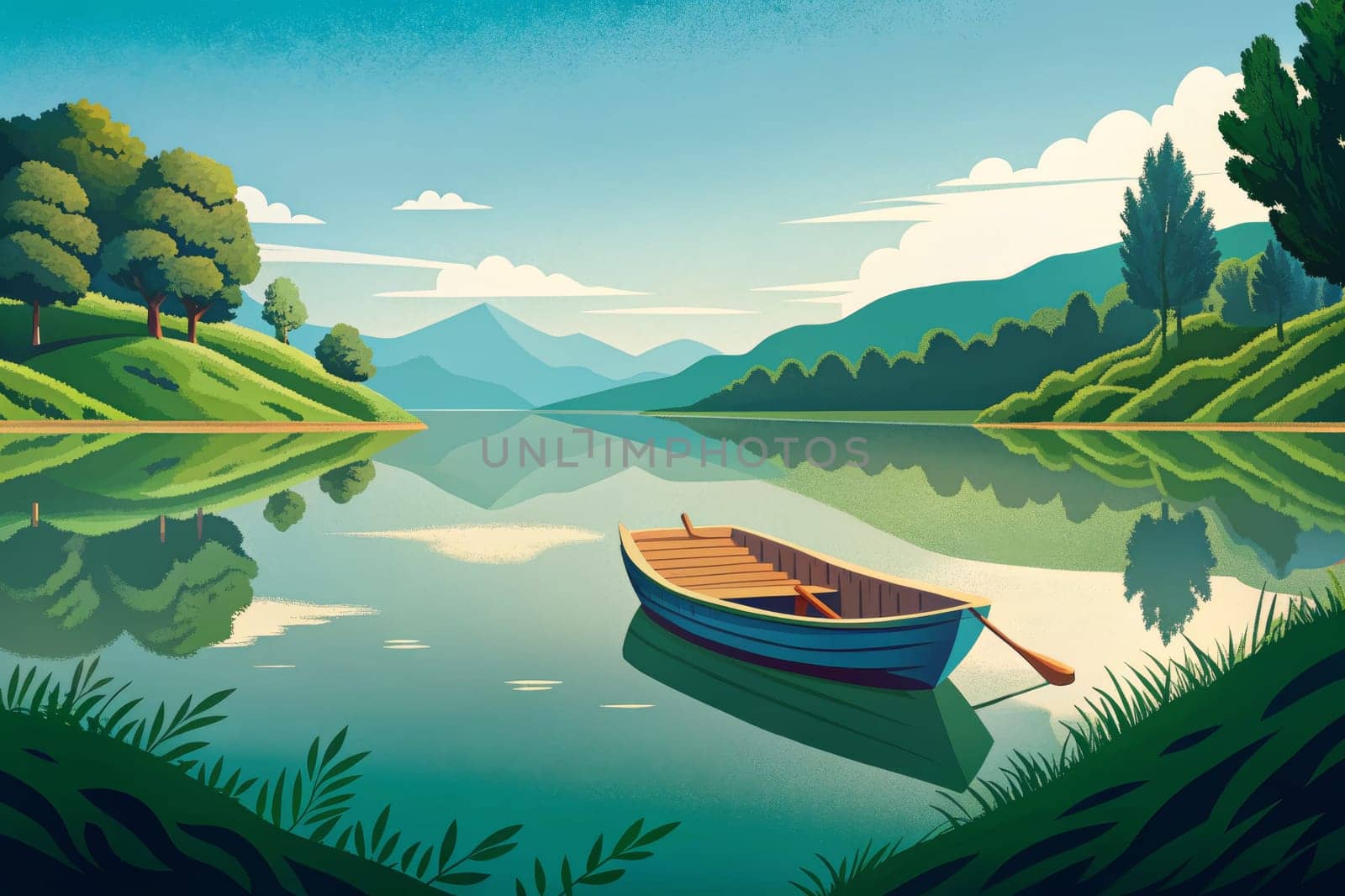 A gentle boat floats on tranquil waters, surrounded by lush greenery and majestic mountains in the background. The soft morning light casts a serene glow, creating a picturesque landscape that invites relaxation and reflection.