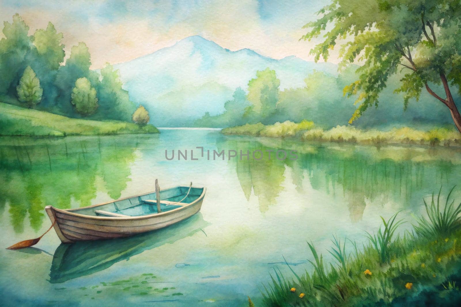 A serene wooden boat gently floats on a pristine lake early in the morning. The still waters perfectly mirror the lush green trees and soft mist rising from the landscape, creating a peaceful atmosphere filled with nature's beauty. Sunlight begins to filter through, illuminating the tranquil scene.