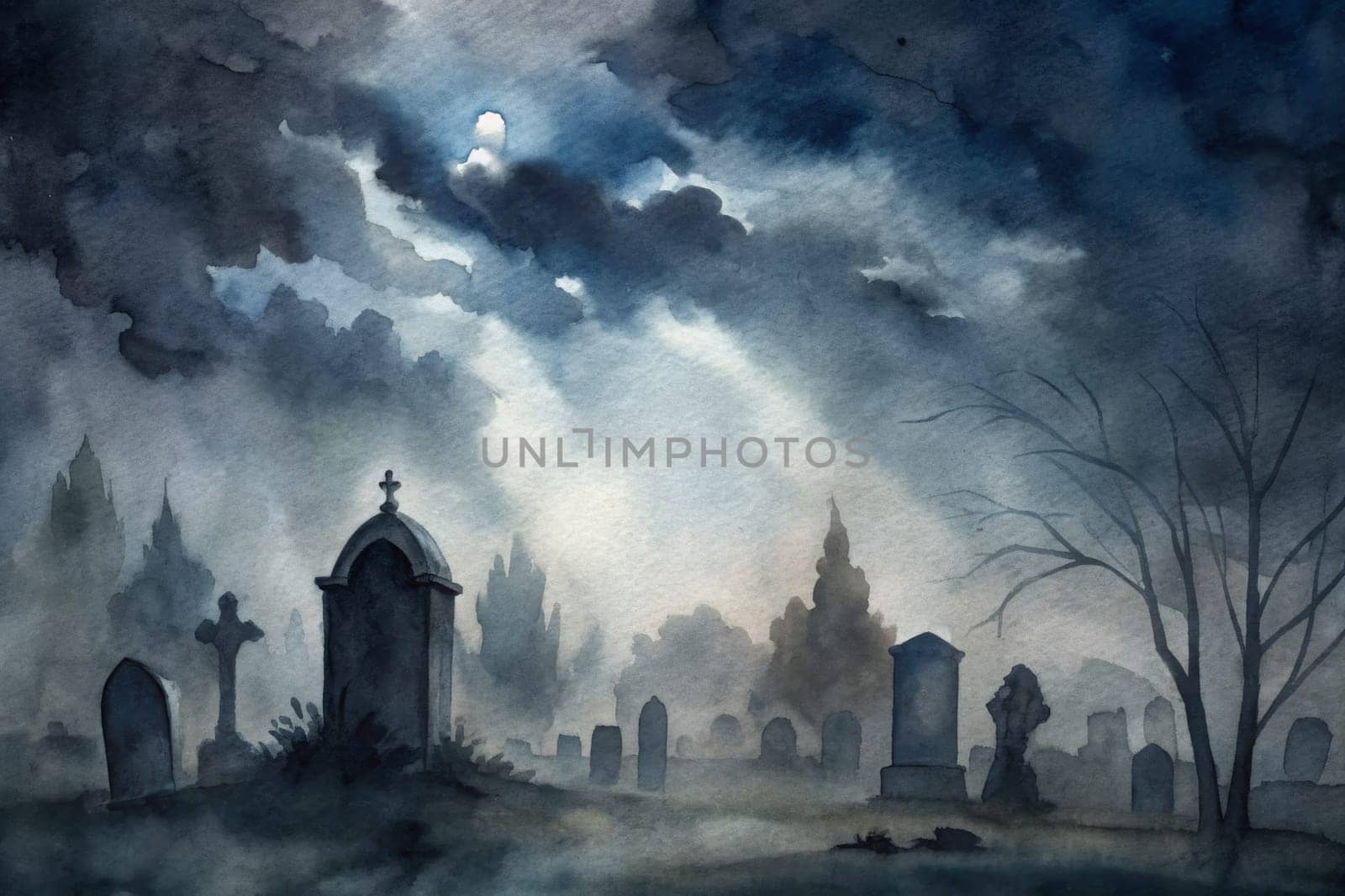 The landscape features a haunting cemetery shrouded in mist under a darkening sky. Silhouetted gravestones rise amid leafless trees, with clouds swirling ominously. The eerie ambiance of twilight casts an ethereal glow upon the scene, creating a sense of mystery and intrigue.