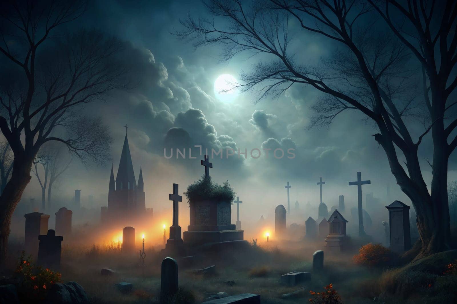 A haunting graveyard is illuminated by the ethereal glow of a full moon. Wisps of fog creep between the gravestones, while flickering lights dance among the tombs. Gnarled trees stretch their branches like skeletal hands toward the sky. Shadows play tricks on the eyes, creating an atmosphere thick with mystery and intrigue as night deepens.