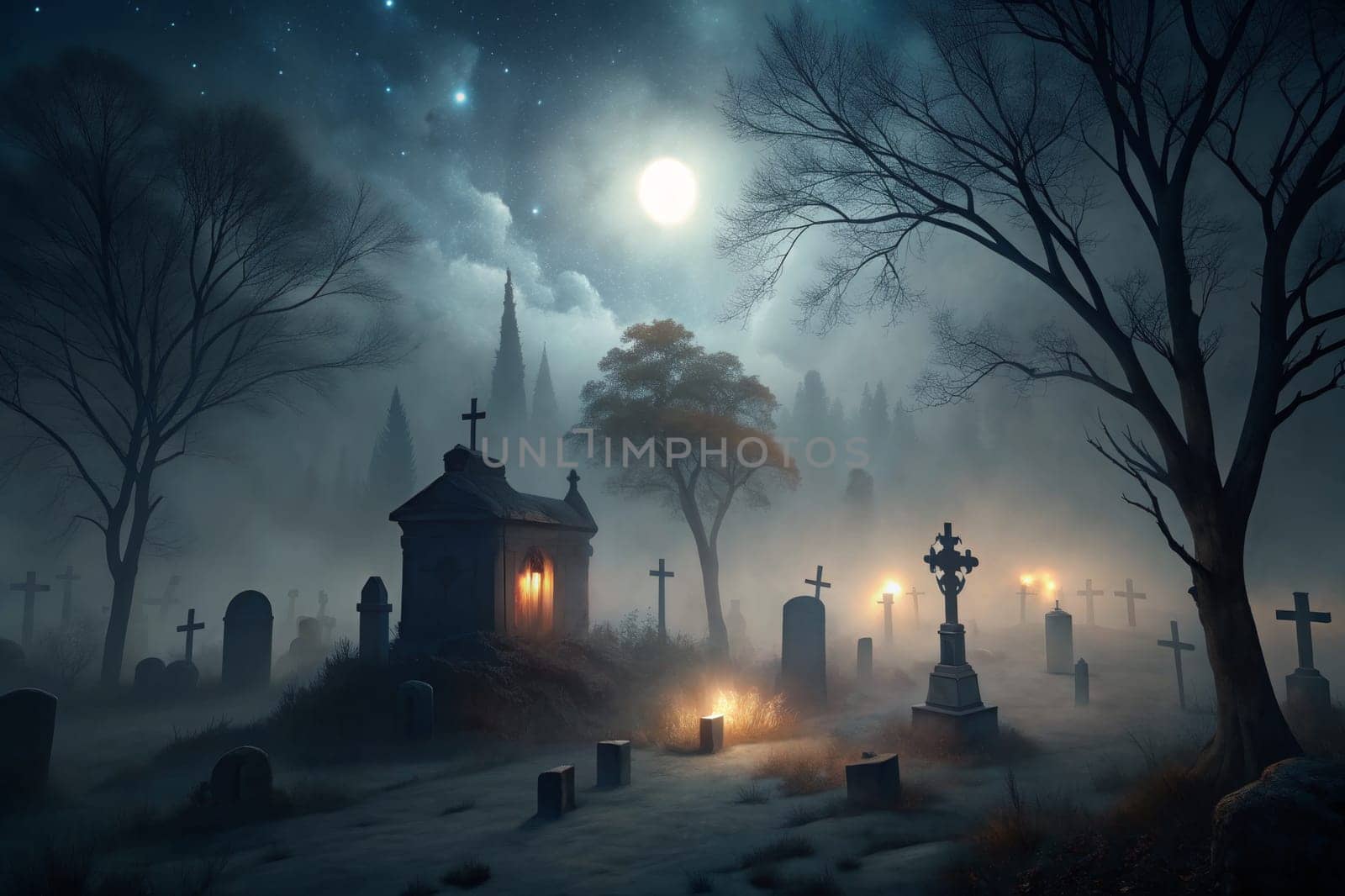 A haunting graveyard is illuminated by the ethereal glow of a full moon. Wisps of fog creep between the gravestones, while flickering lights dance among the tombs. Gnarled trees stretch their branches like skeletal hands toward the sky. Shadows play tricks on the eyes, creating an atmosphere thick with mystery and intrigue as night deepens.