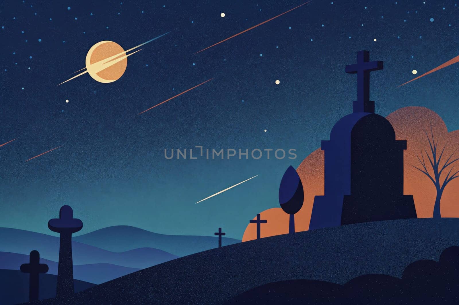 The tranquil landscape unfolds under a blanket of night, revealing shadowy tombstones nestled among rolling hills. A crescent moon casts a gentle glow, illuminating the distant town with twinkling lights. Stars twinkle in the deep blue sky, enhancing the serene yet eerie atmosphere of the graveyard.