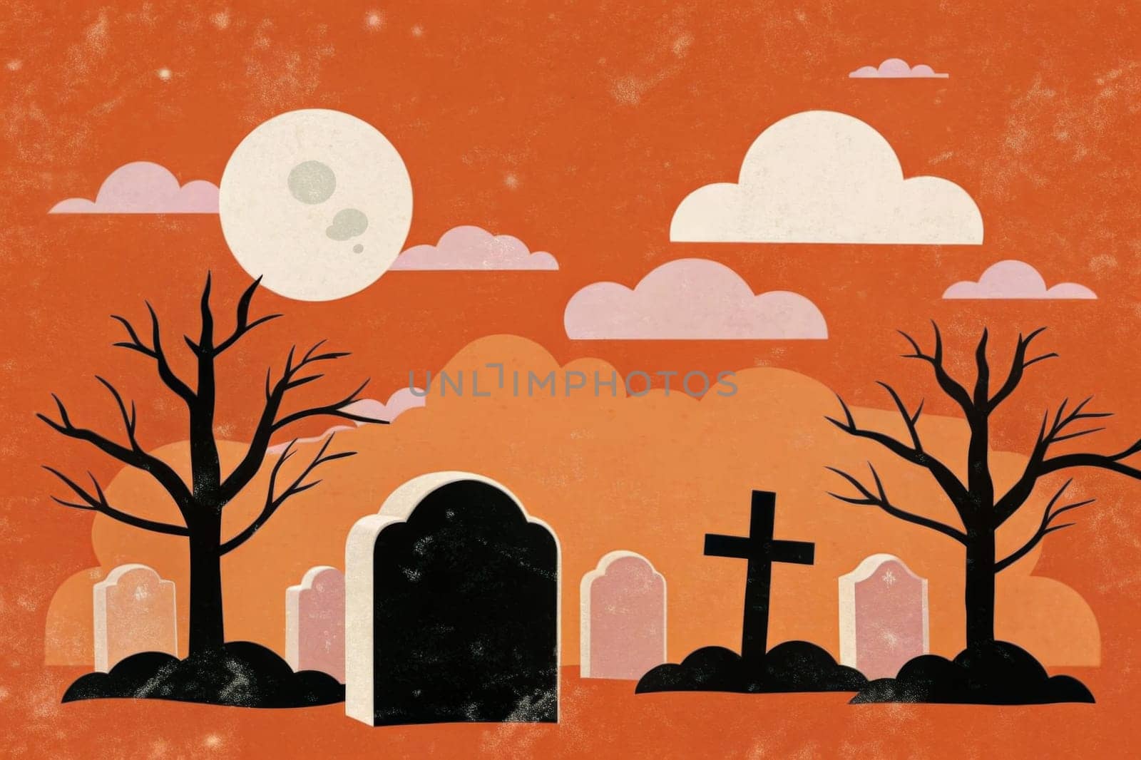 A striking graveyard landscape unfolds as the full moon casts its pale glow over crooked trees and weathered tombstones, shrouded in an orange twilight. The atmosphere is both eerie and captivating, inviting contemplation on life and death.