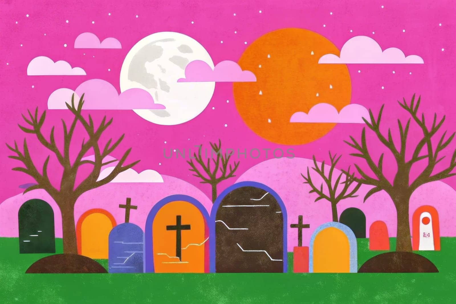 A striking graveyard landscape unfolds as the full moon casts its pale glow over crooked trees and weathered tombstones, shrouded in an orange twilight. The atmosphere is both eerie and captivating, inviting contemplation on life and death.