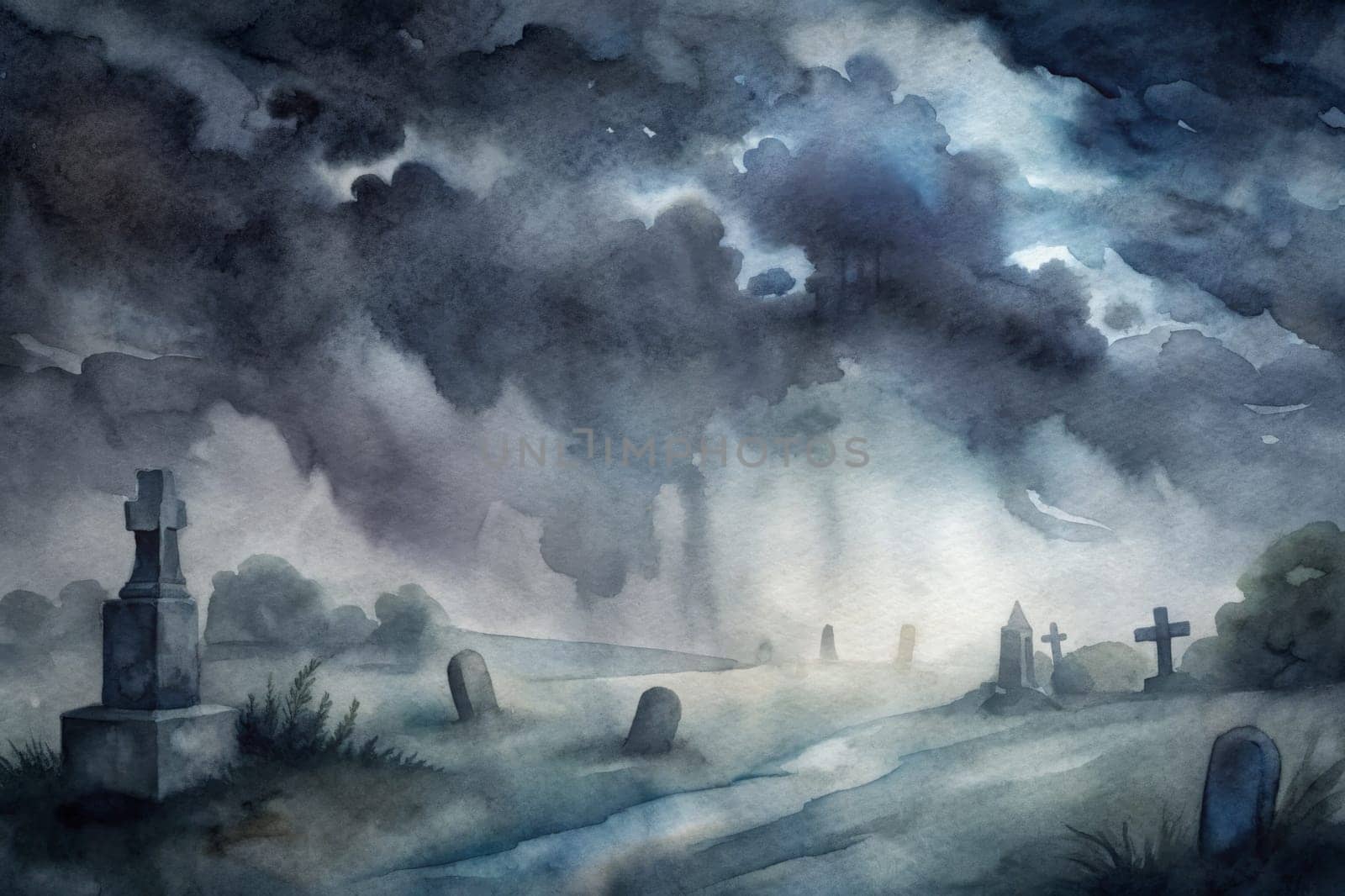 The landscape features a haunting cemetery shrouded in mist under a darkening sky. Silhouetted gravestones rise amid leafless trees, with clouds swirling ominously. The eerie ambiance of twilight casts an ethereal glow upon the scene, creating a sense of mystery and intrigue.