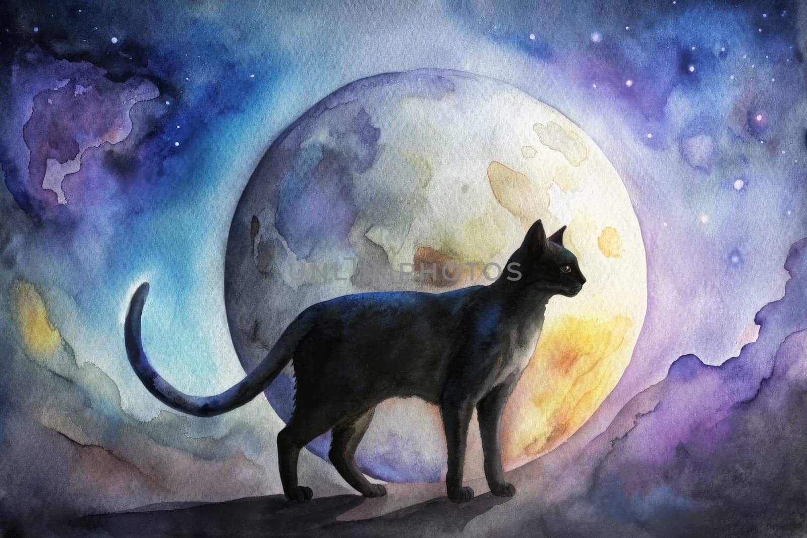 In a vibrant cosmic landscape, a sleek black cat stands gracefully, silhouetted against a large, luminous moon. The sky is awash with captivating hues of blue, purple, and subtle gold shimmers. Stars twinkle brightly, casting a magical ambiance around the feline figure, evoking a sense of mystery and wonder.