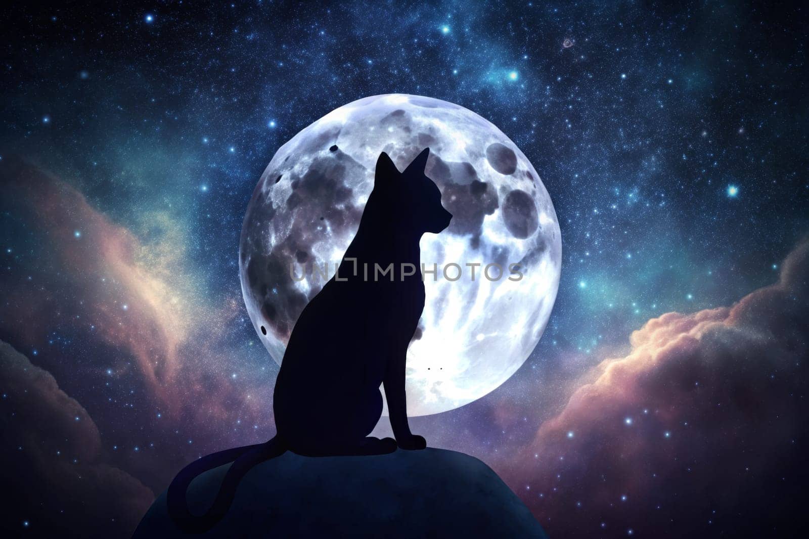 A sleek black cat sits gracefully, its silhouette stark against the luminous glow of a full moon. Wispy clouds drift lazily across the night sky, enhancing the serene atmosphere. The shimmering stars twinkle faintly, adding to the enchanting beauty of the moment.