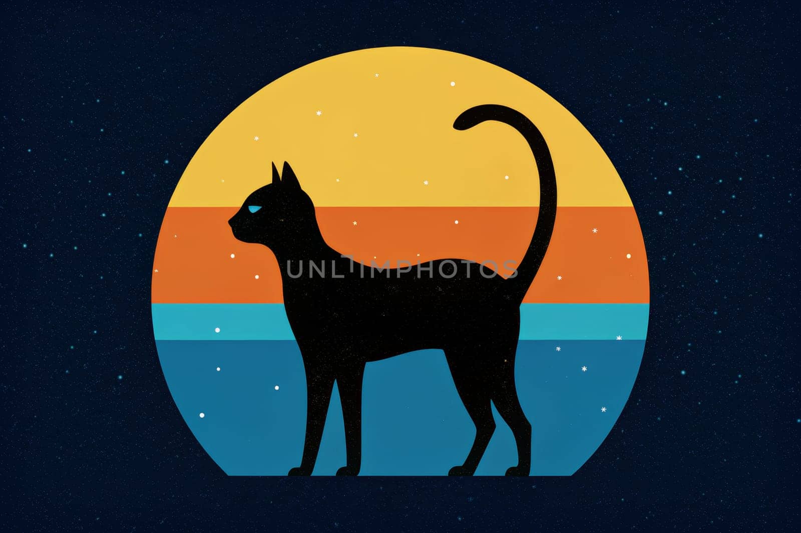Beneath a vibrant sunset, a silhouette of a sleek black cat stands poised, its tail elegantly arched. The scene captures the enchanting transition of day to night, with colors blending beautifully behind the feline figure.