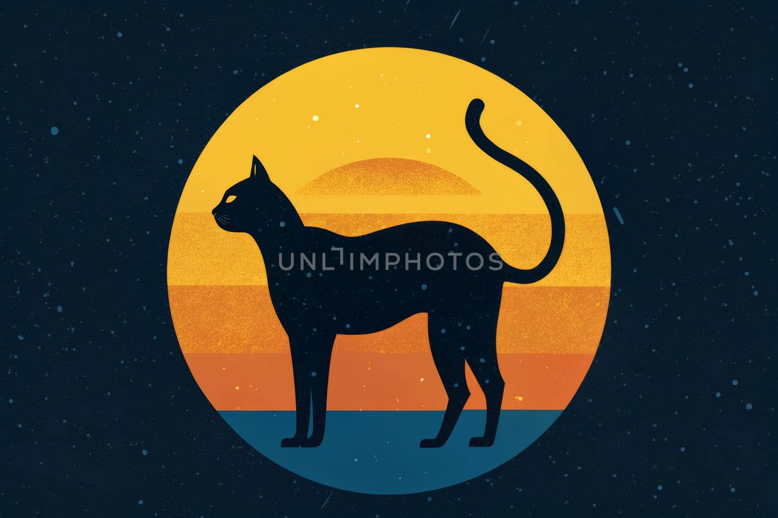 Beneath a vibrant sunset, a silhouette of a sleek black cat stands poised, its tail elegantly arched. The scene captures the enchanting transition of day to night, with colors blending beautifully behind the feline figure.