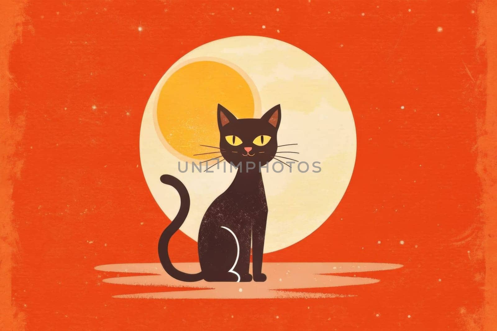 In the warm glow of an autumn twilight, a sleek black cat sits gracefully, its bright yellow eyes gleaming under the full moon's comforting light. The vibrant orange background enhances the enchanting atmosphere, creating a sense of mystery and allure.