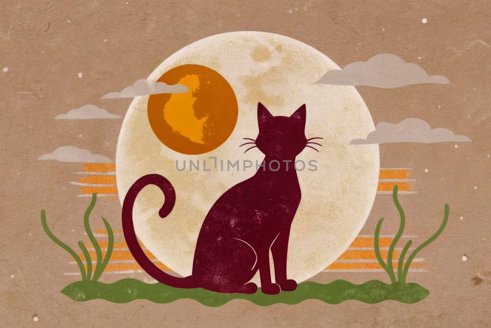 In the warm glow of an autumn twilight, a sleek black cat sits gracefully, its bright yellow eyes gleaming under the full moon's comforting light. The vibrant orange background enhances the enchanting atmosphere, creating a sense of mystery and allure.
