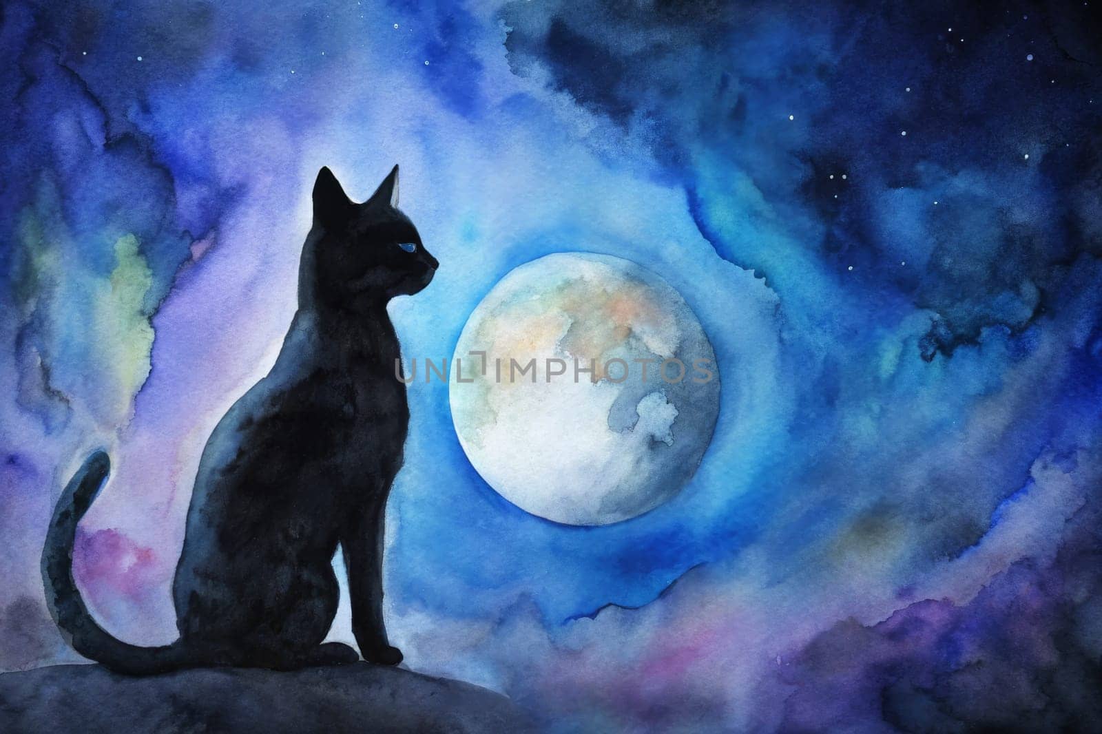 In a vibrant cosmic landscape, a sleek black cat stands gracefully, silhouetted against a large, luminous moon. The sky is awash with captivating hues of blue, purple, and subtle gold shimmers. Stars twinkle brightly, casting a magical ambiance around the feline figure, evoking a sense of mystery and wonder.