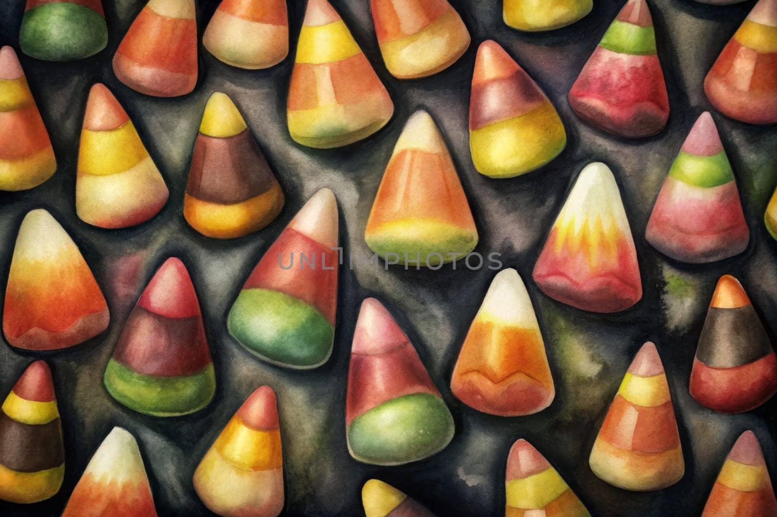 Clusters of vibrant candy corn in shades of yellow, orange, and green create a playful and festive arrangement against a shadowy backdrop, capturing the spirit of autumn celebrations. Their unique triangular shapes highlight the joyous and nostalgic essence of seasonal treats.